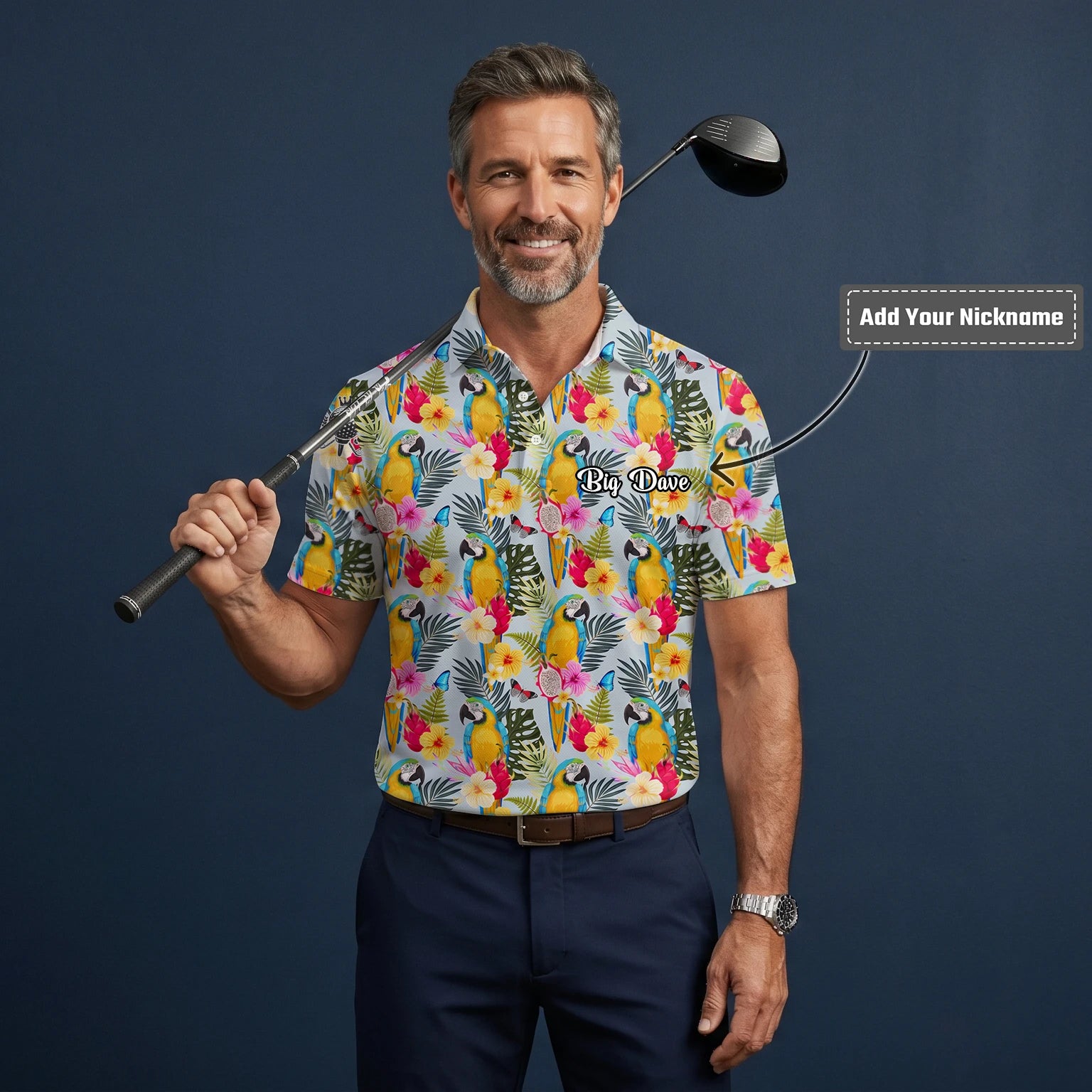 Personalised Cream Yellow Tropical Parrot Hibiscus Golf Polo Shirt For Men V2558