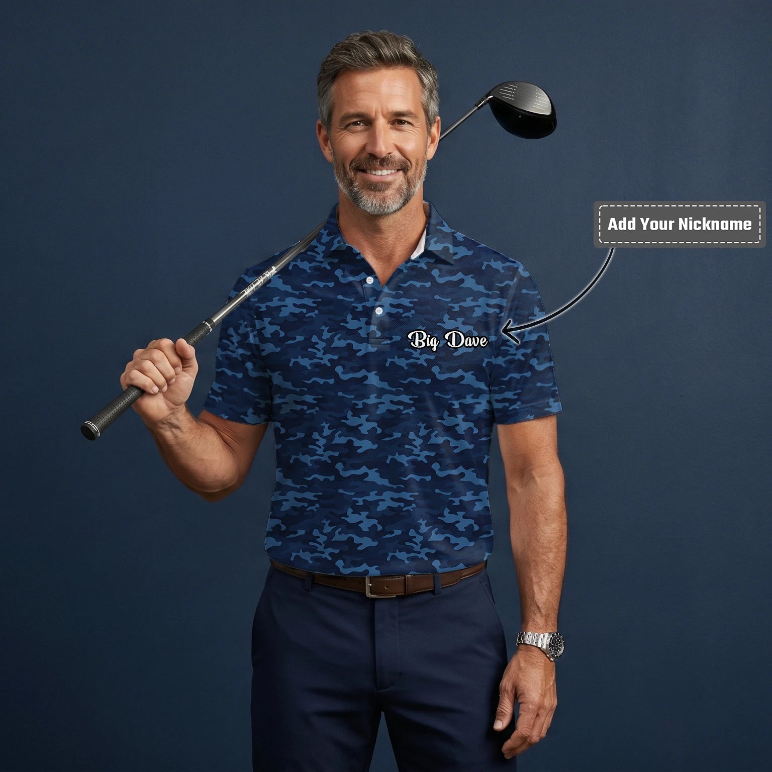 Personalised Navy Blue Camo Golf Polo Shirt For Men L9533