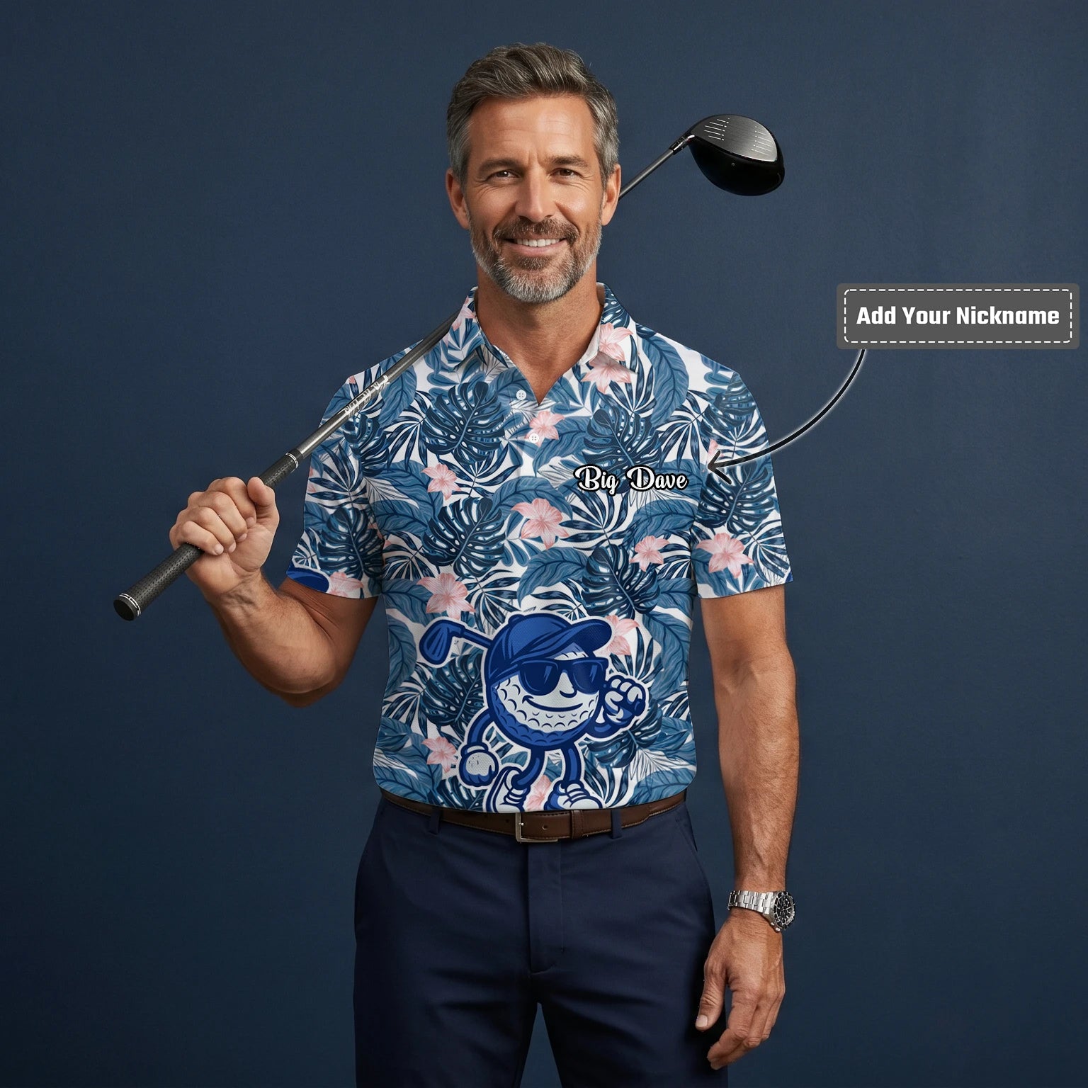 Personalised Navy Tropical Leaf Golf Ball Cartoon Golf Polo Shirt For Men I7191