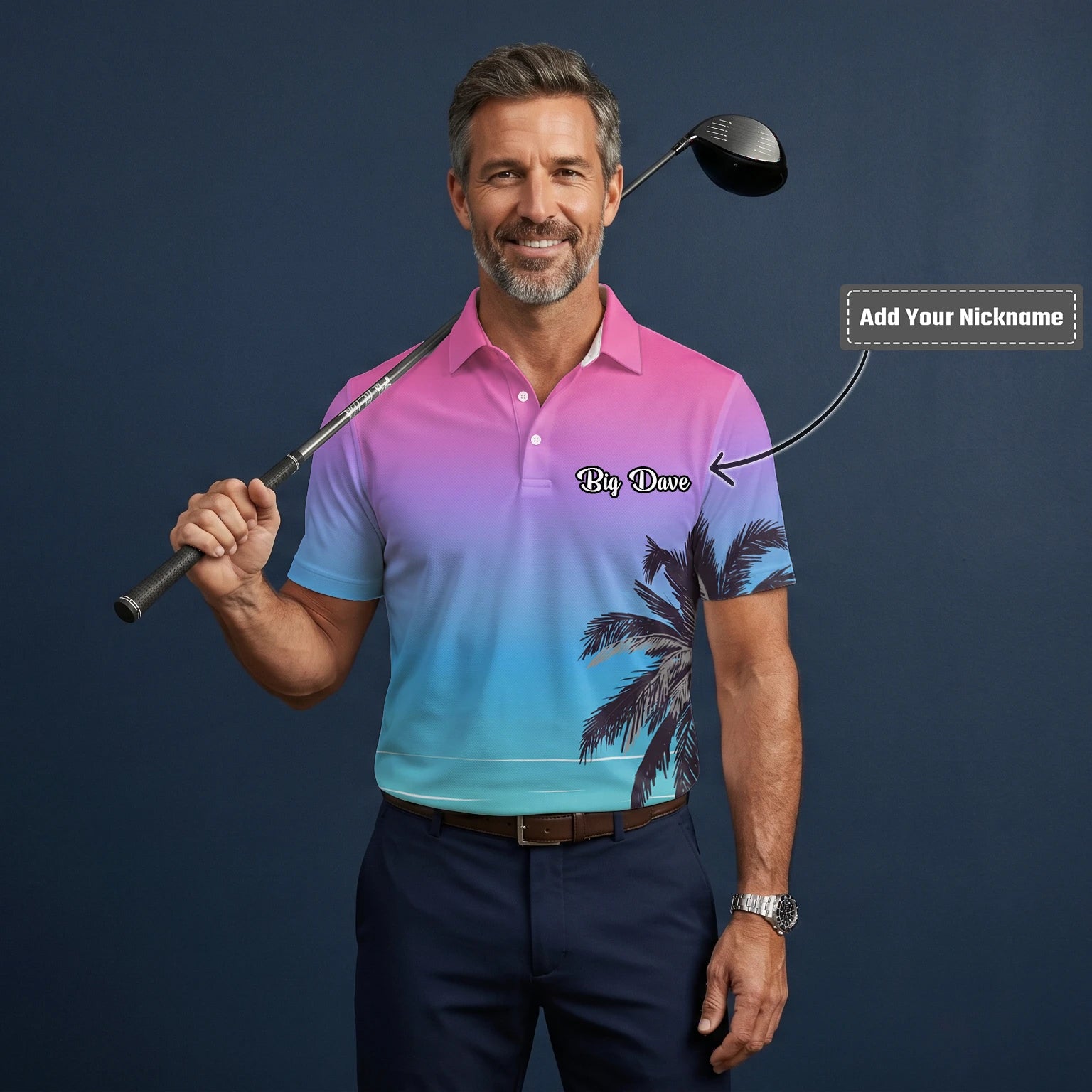 Personalised Pink Blue Palm Beach Sunset Golf Polo Shirt For Men Q3519
