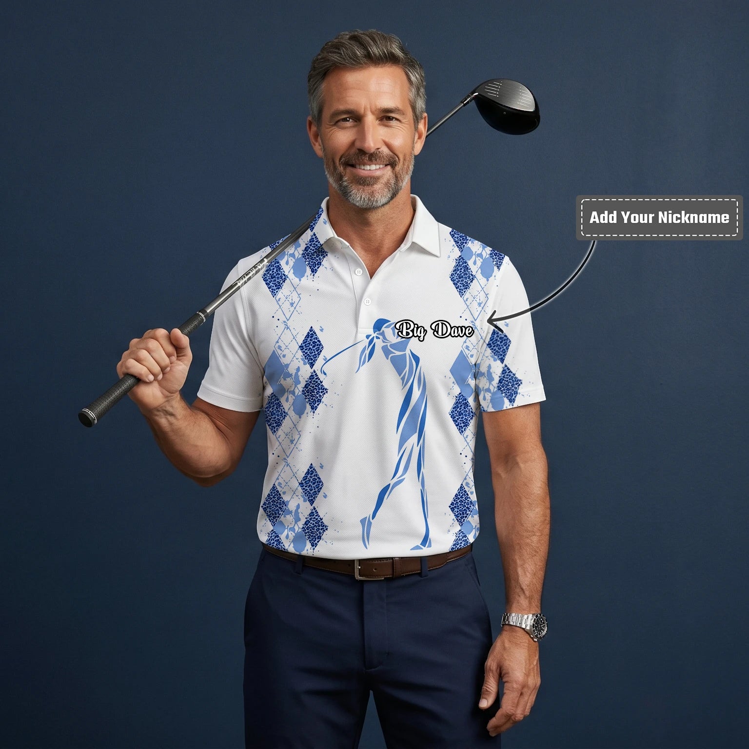 Personalised White Blue Argyle Golfer Silhouette Golf Polo Shirt For Men M6672
