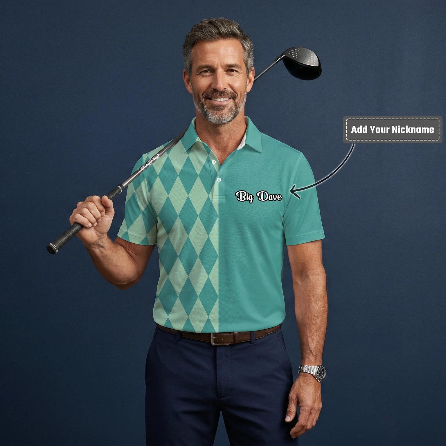 Personalised Teal Mint Argyle Golf Polo Shirt For Men A8483