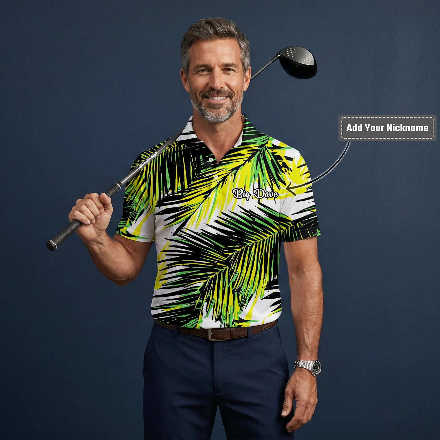 Personalised Black Lime Tropical Palm Leaf Golf Polo Shirt For Men R3070