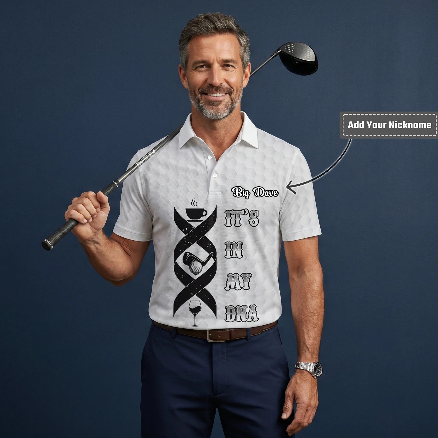 Personalised White Golf In My DNA Slogan Golf Polo Shirt For Men W3018