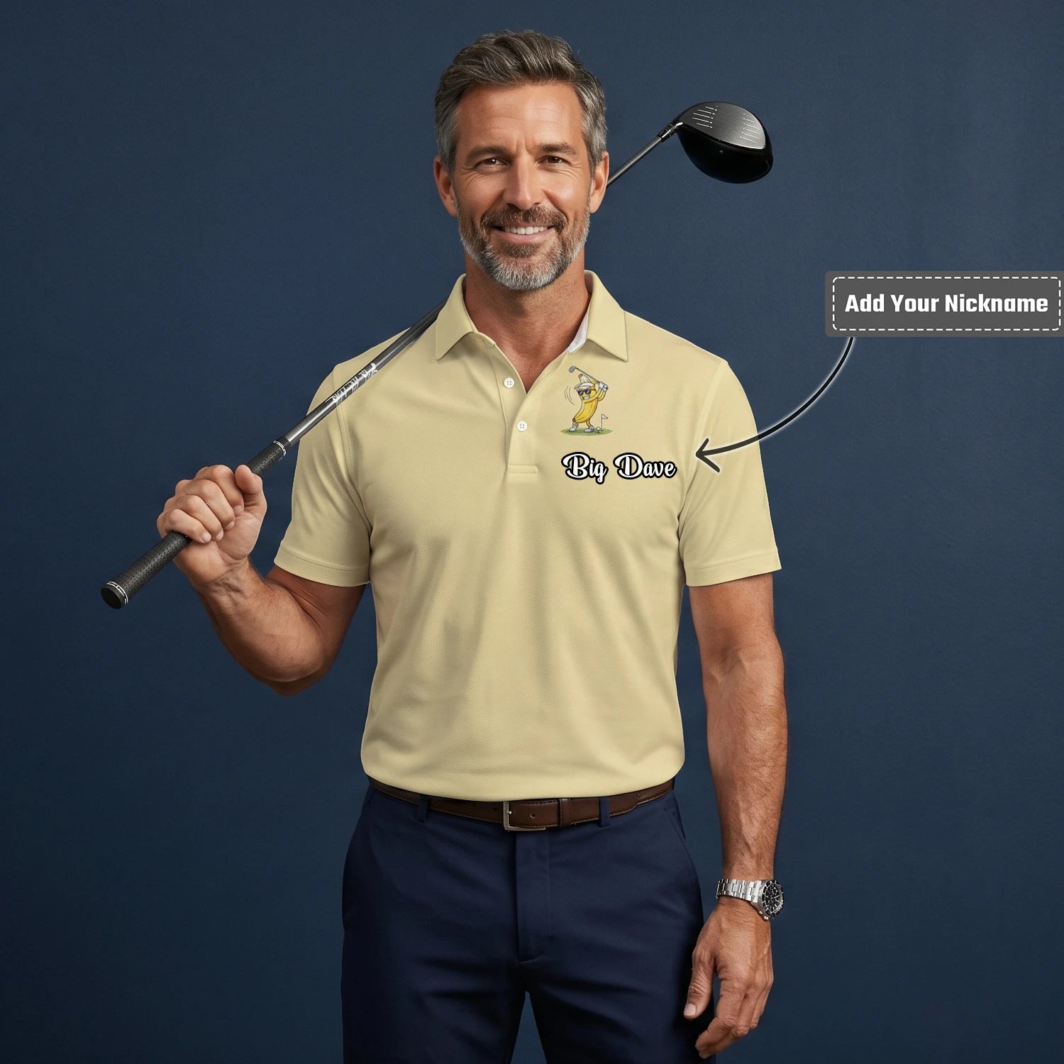 Personalised Pale Yellow Banana Golfer Cartoon Golf Polo Shirt For Men X9847