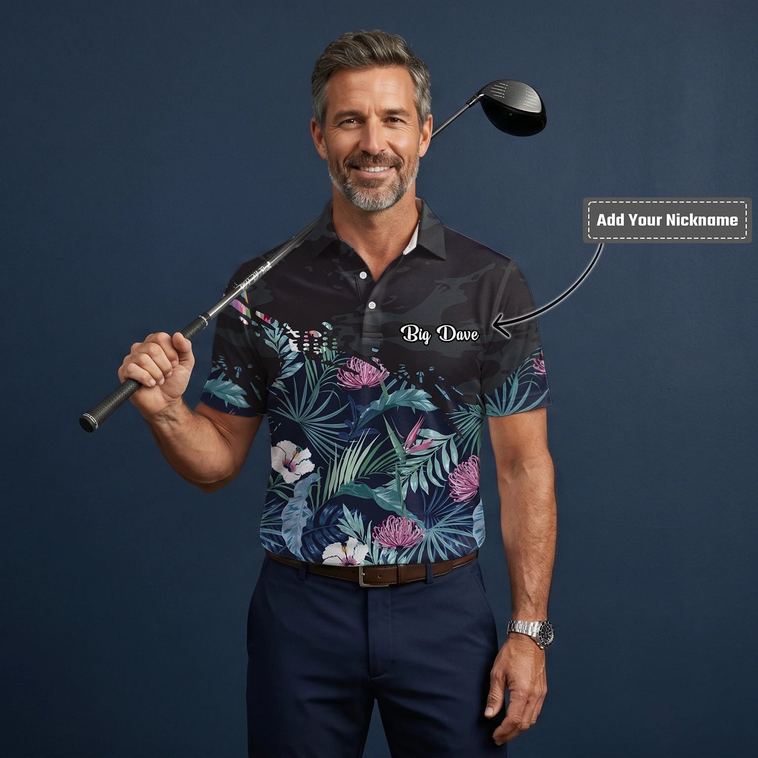 Personalised Navy Tropical Floral Leaf Golf Polo Shirt For Men N4110