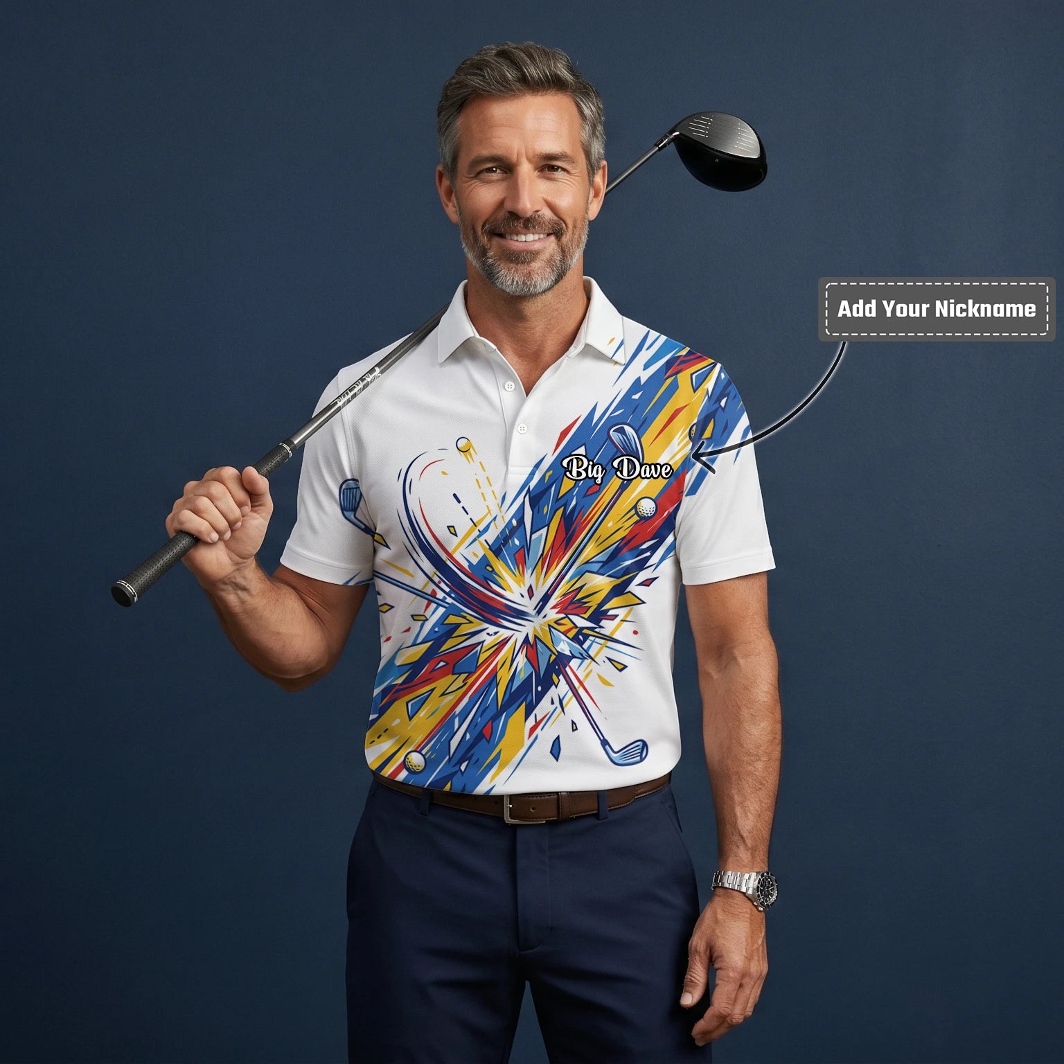 Personalised White Blue Abstract Golf Swing Burst Golf Polo Shirt For Men B2869