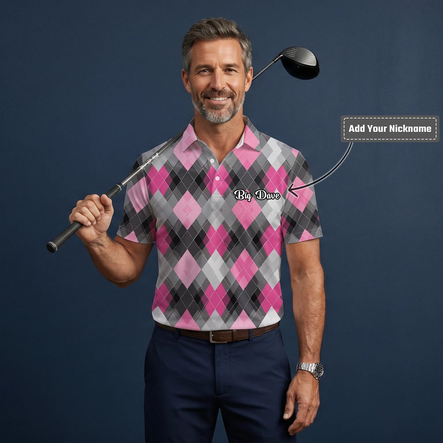Personalised Pink Grey Argyle Golf Polo Shirt For Men Z9376