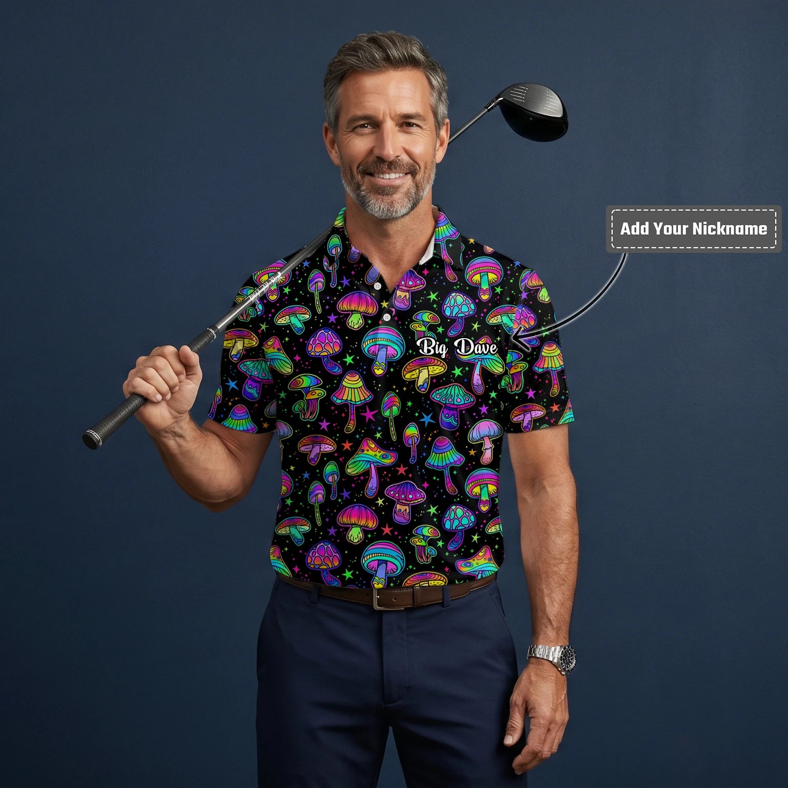 Personalised Black Neon Mushroom Psychedelic Golf Polo Shirt For Men L0182