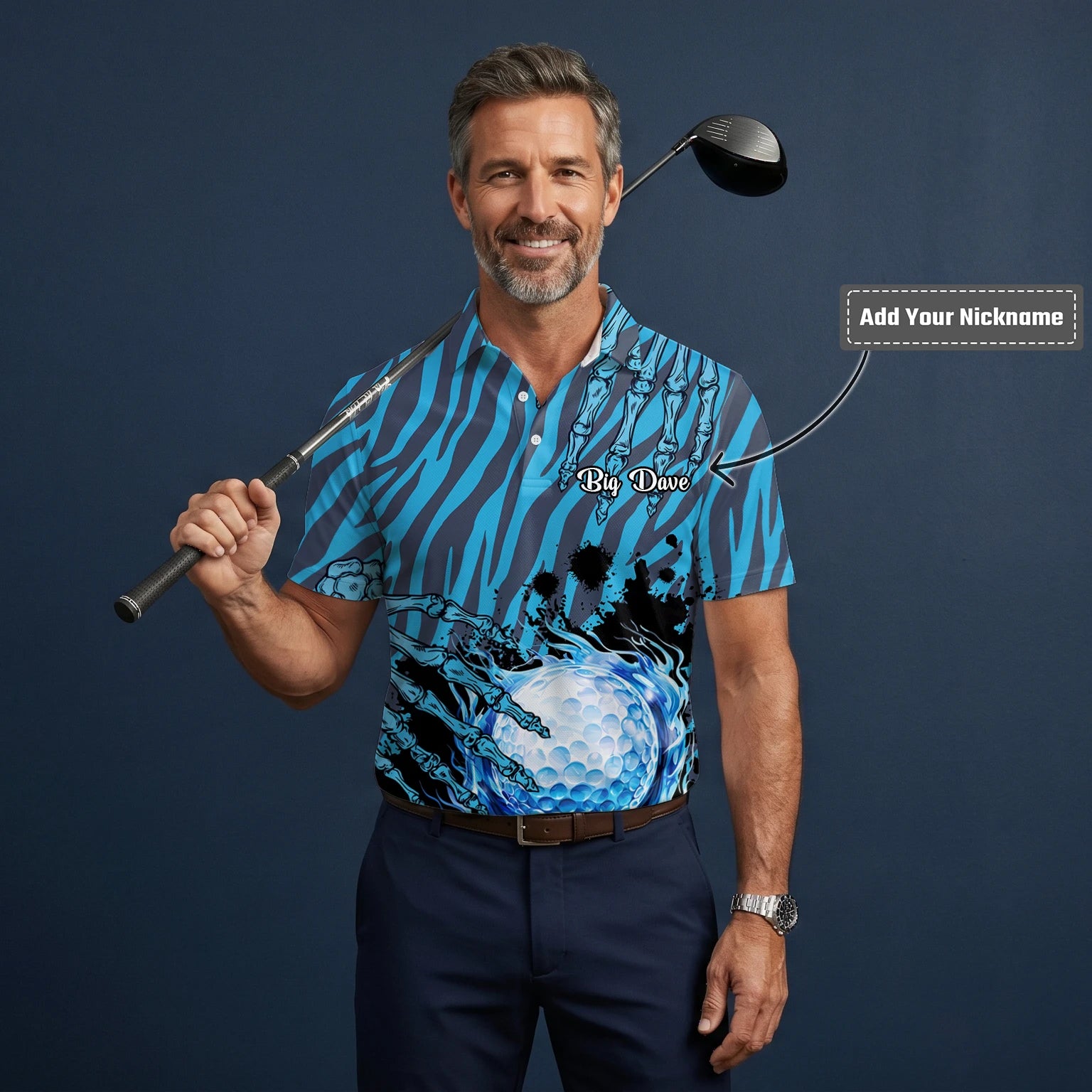 Personalised Blue Black Golf Ball Water Splash Golf Polo Shirt For Men B9791