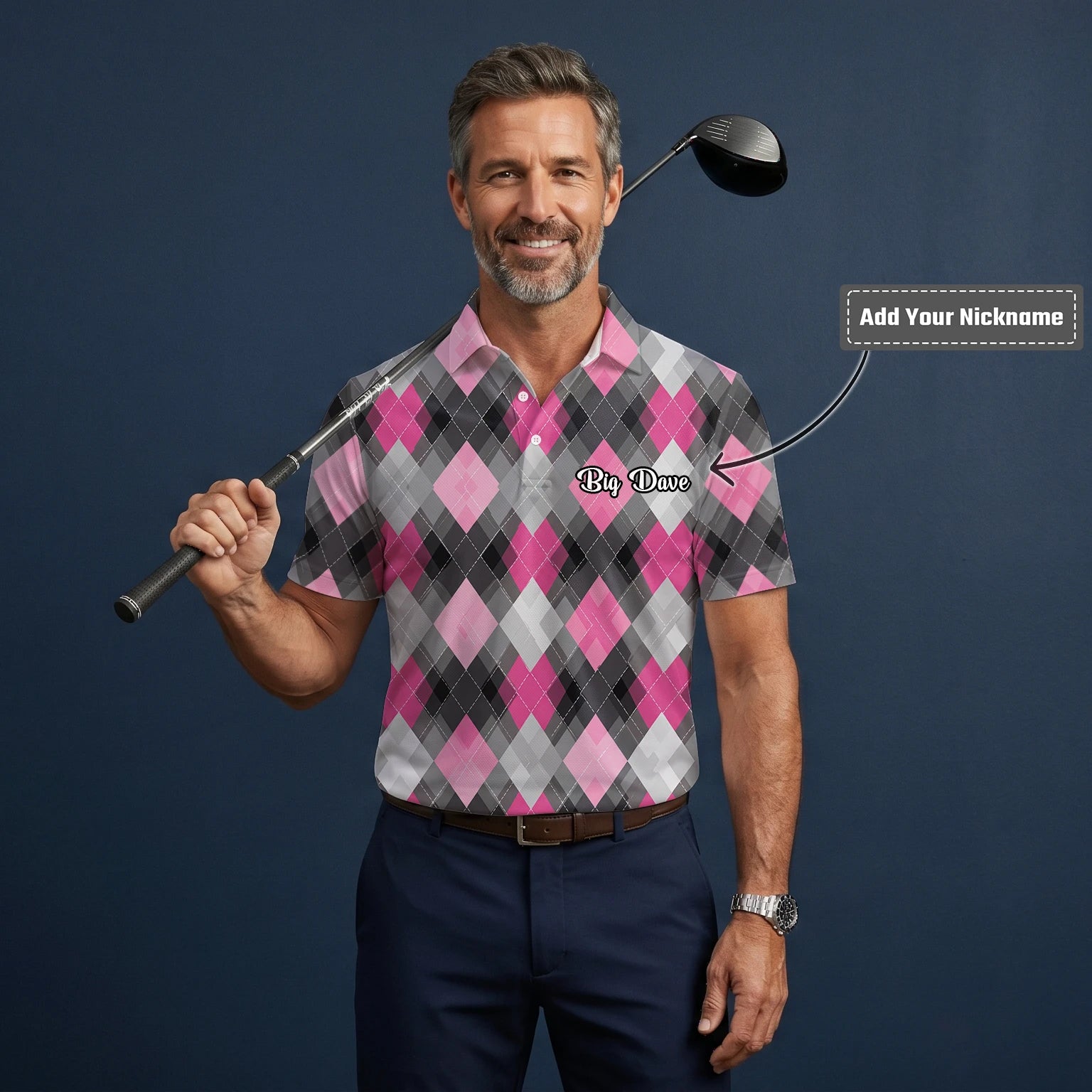Personalised Pink Grey Argyle Golf Polo Shirt For Men Z9376