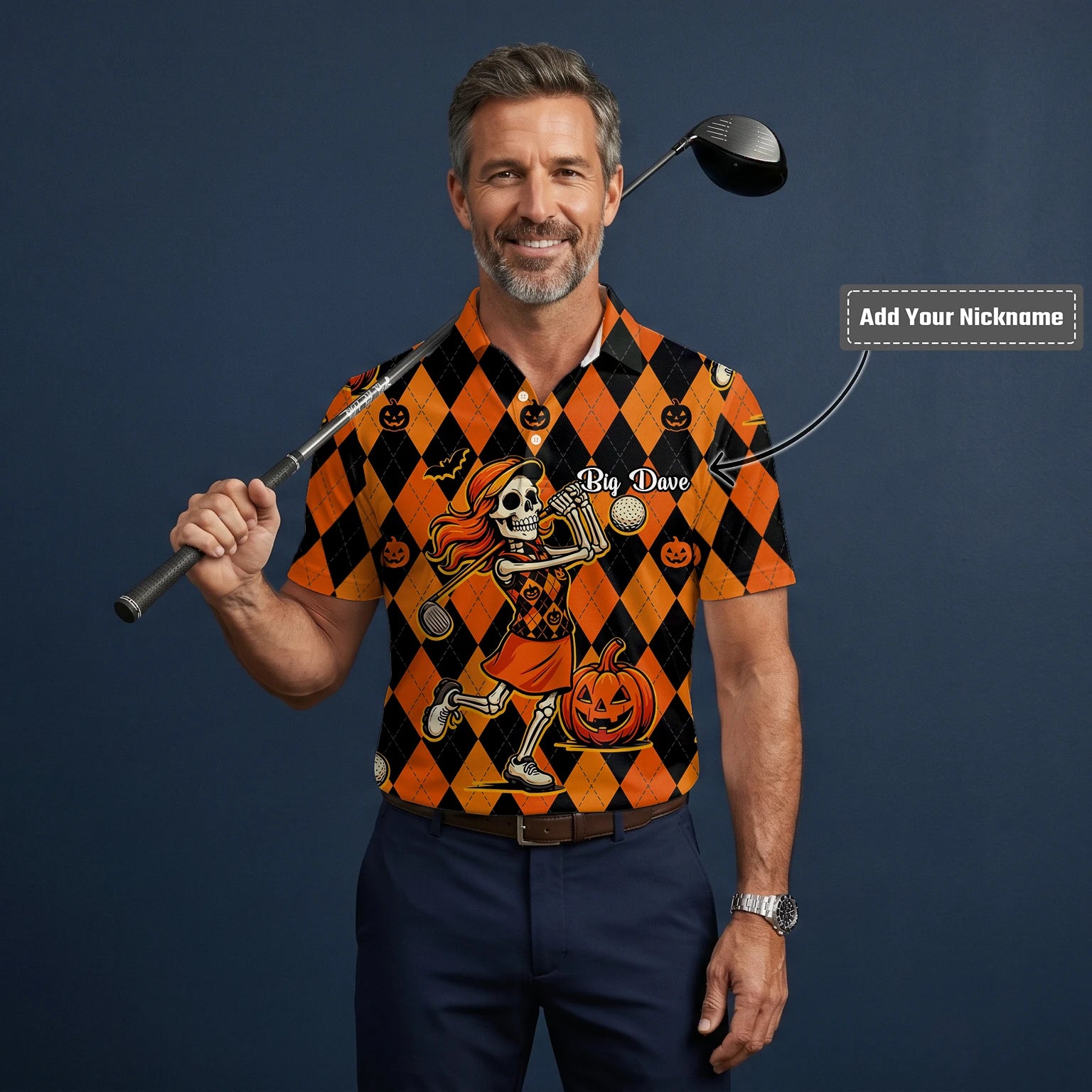 Personalised Orange Black Halloween Skeleton Golfer Pumpkin Argyle Golf Polo Shirt For Men Z9562