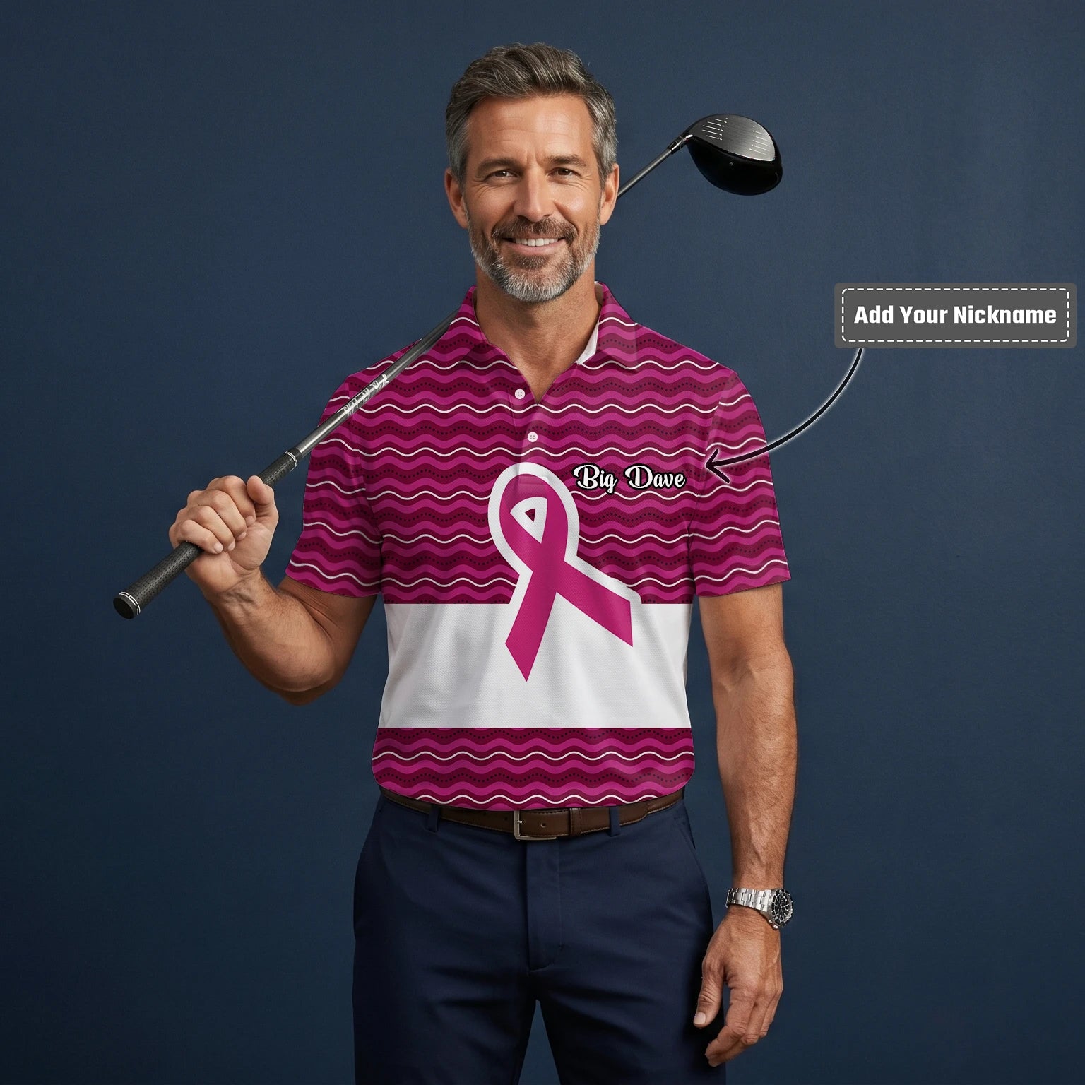 Personalised Pink Breast Cancer Awareness Ribbon Wave Golf Polo Shirt For Men B1640