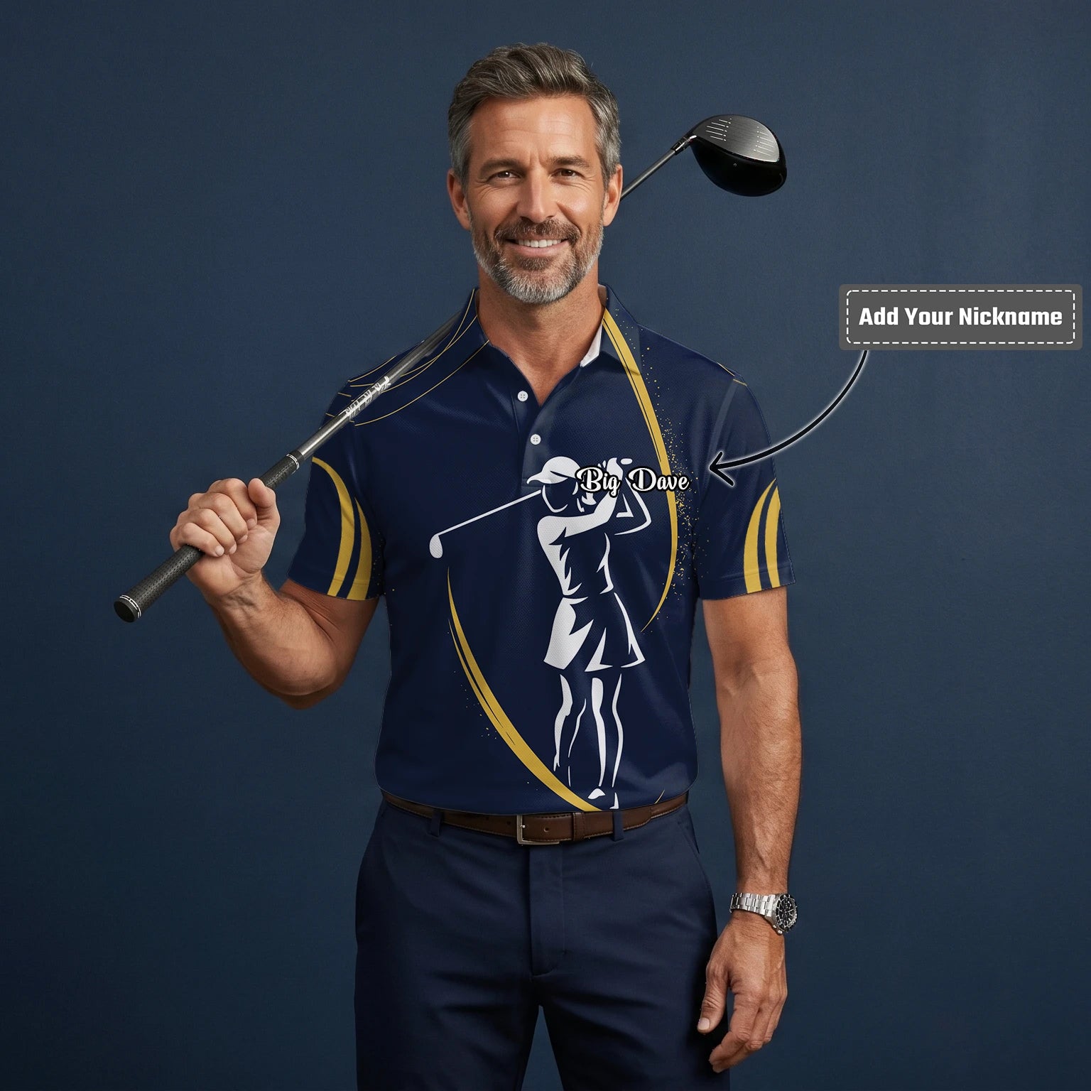 Personalised Navy Gold Golfer Silhouette Golf Polo Shirt For Men K0906