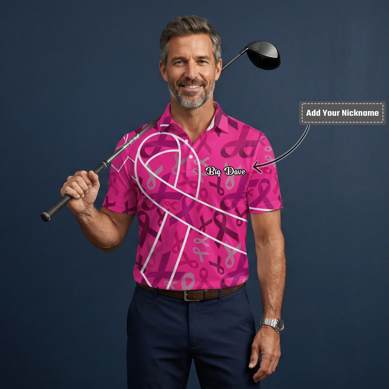 Personalised Pink Breast Cancer Awareness Ribbon Golf Polo Shirt For Men O4093