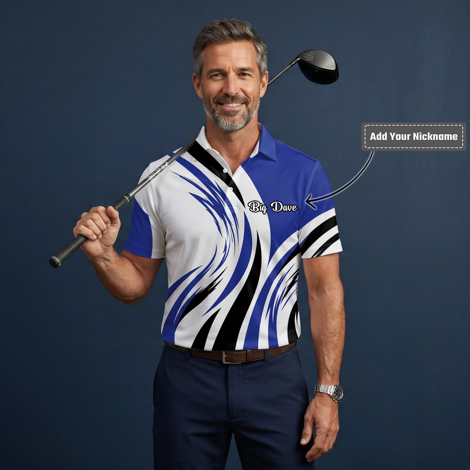 Personalised White Blue Black Abstract Wave Golf Polo Shirt For Men V7849