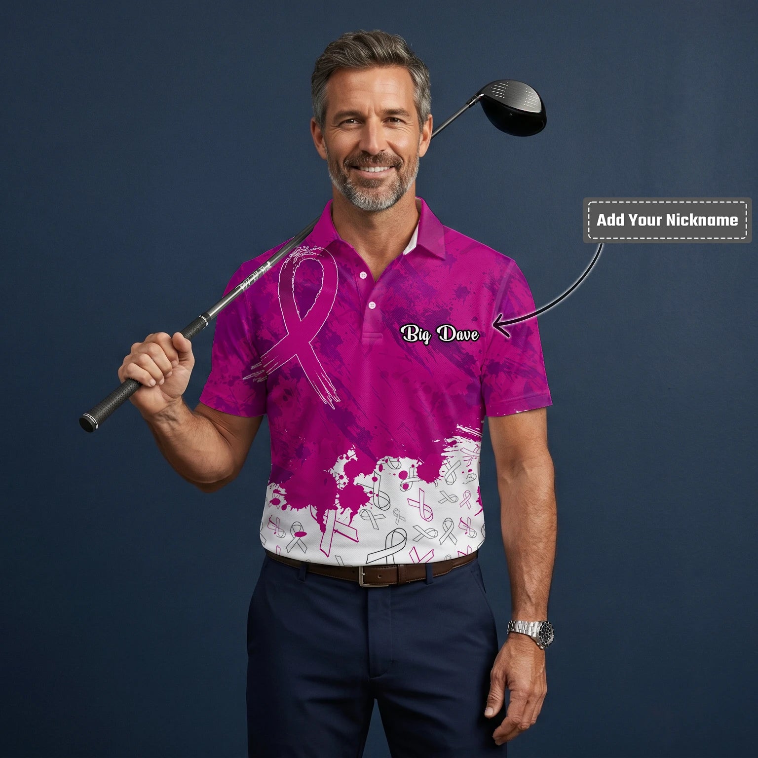 Personalised Magenta Breast Cancer Awareness Ribbon Paint Splash Golf Polo Shirt For Men Q5636