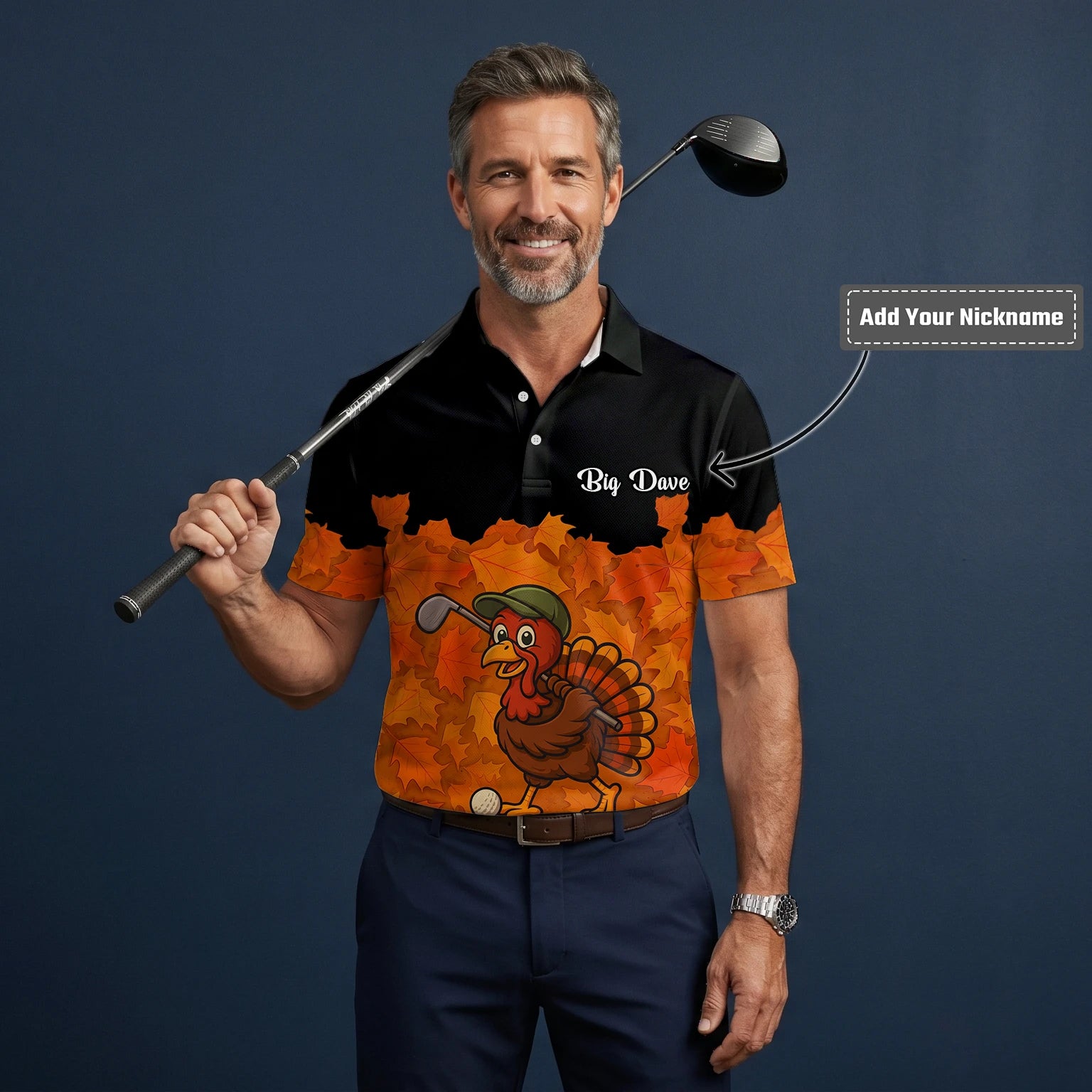 Personalised Black Orange Thanksgiving Turkey Golfer Golf Polo Shirt For Men W0964