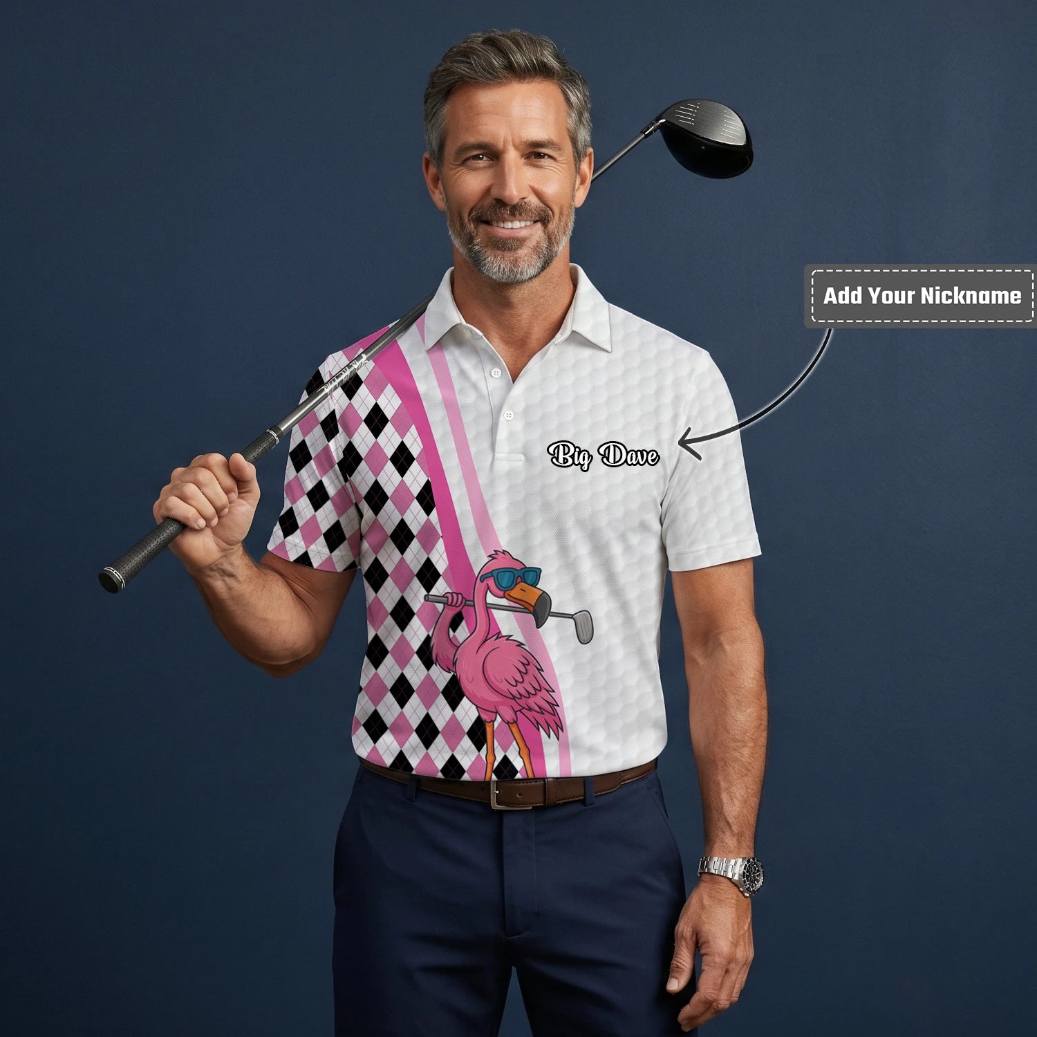 Personalised White Pink Flamingo Golfer Argyle Golf Polo Shirt For Men G3697