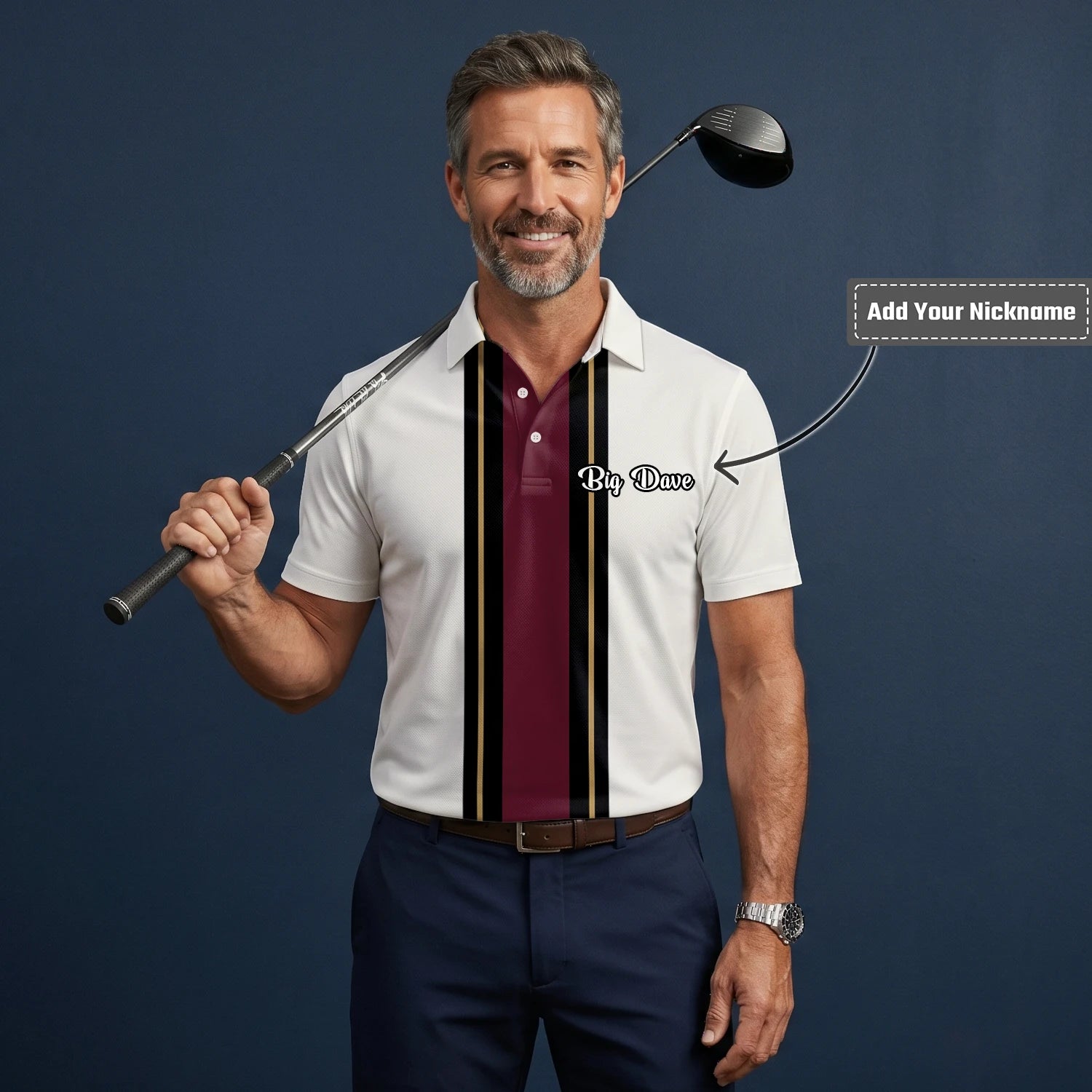 Personalised White Burgundy Black Racing Stripe Golf Polo Shirt For Men G7028