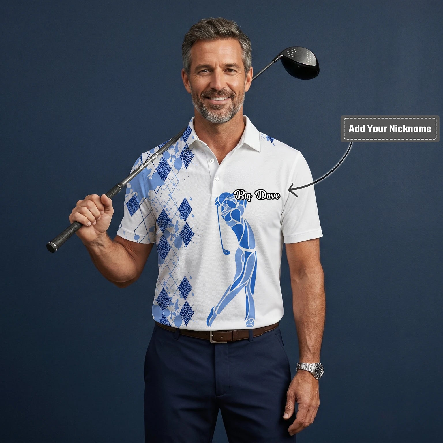 Personalised White Blue Argyle Golfer Silhouette Golf Polo Shirt For Men V2037