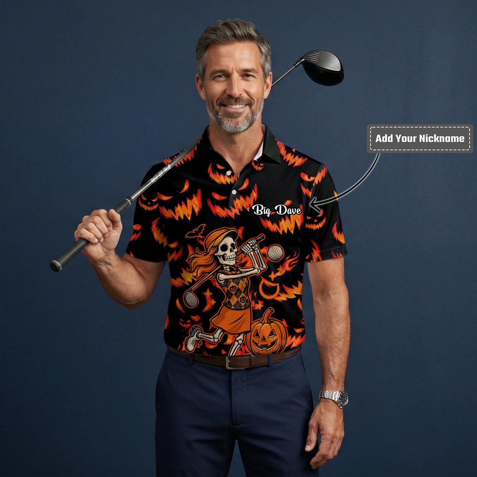 Personalised Black Orange Halloween Skeleton Golfer Pumpkin Golf Polo Shirt For Men N7108
