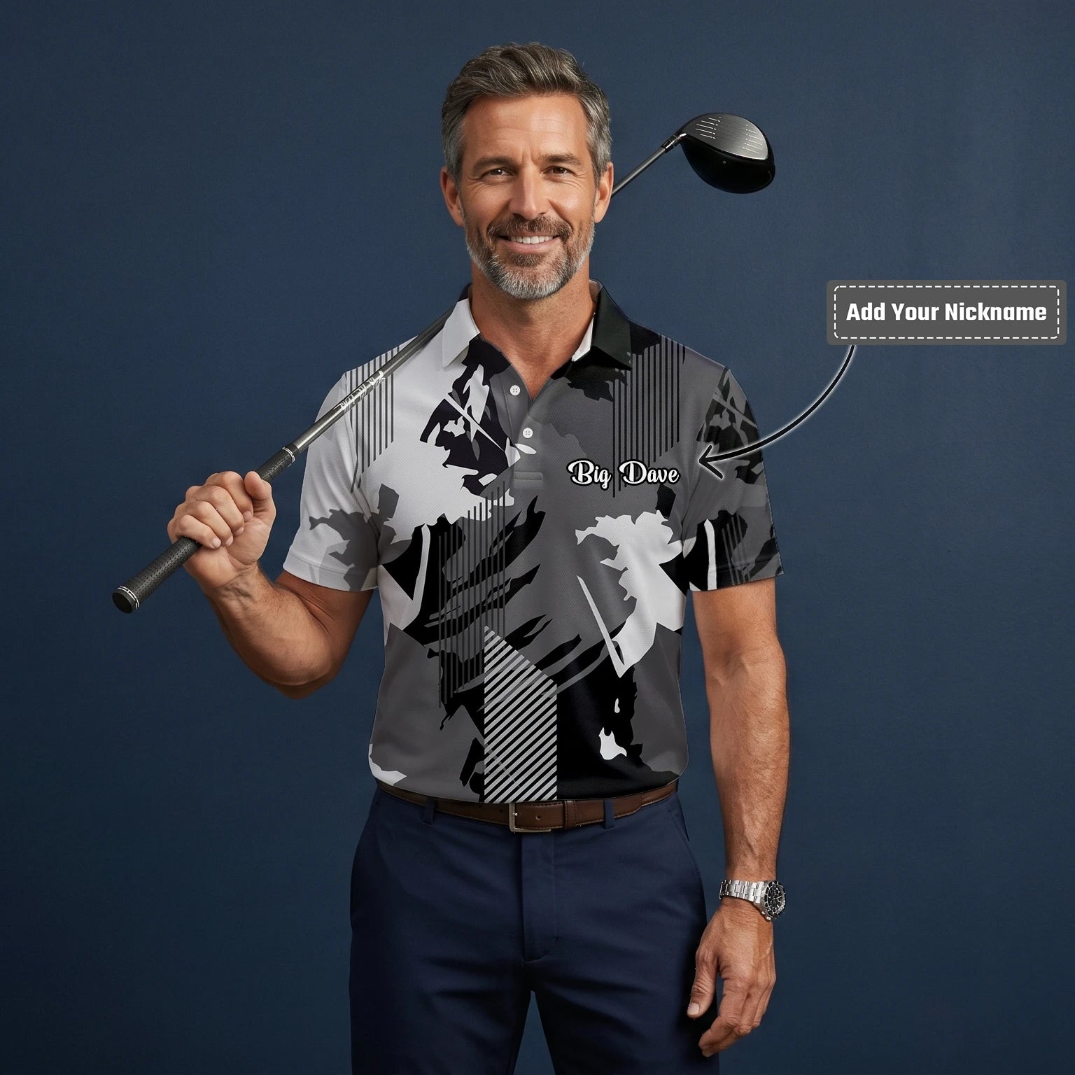 Personalised Grey Black Abstract Brush Stripe Golf Polo Shirt For Men I7293