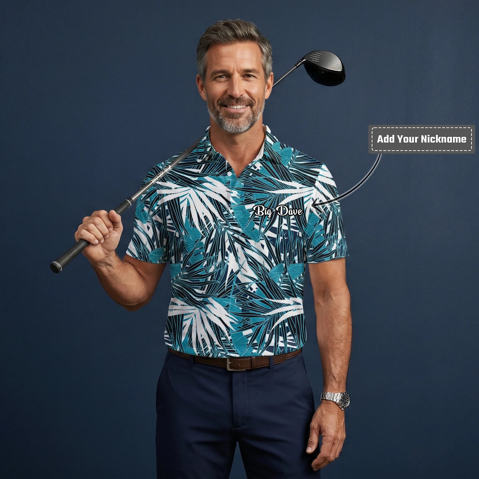 Personalised Teal Black White Palm Leaf Golf Polo Shirt For Men S8543