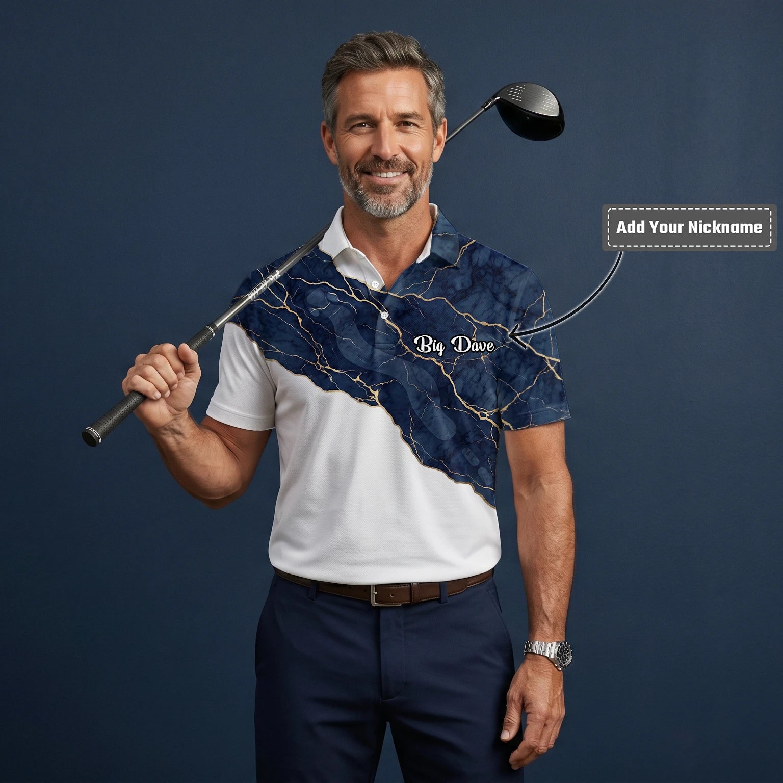 Personalised White Navy Marble Gold Vein Golf Polo Shirt For Men B4939