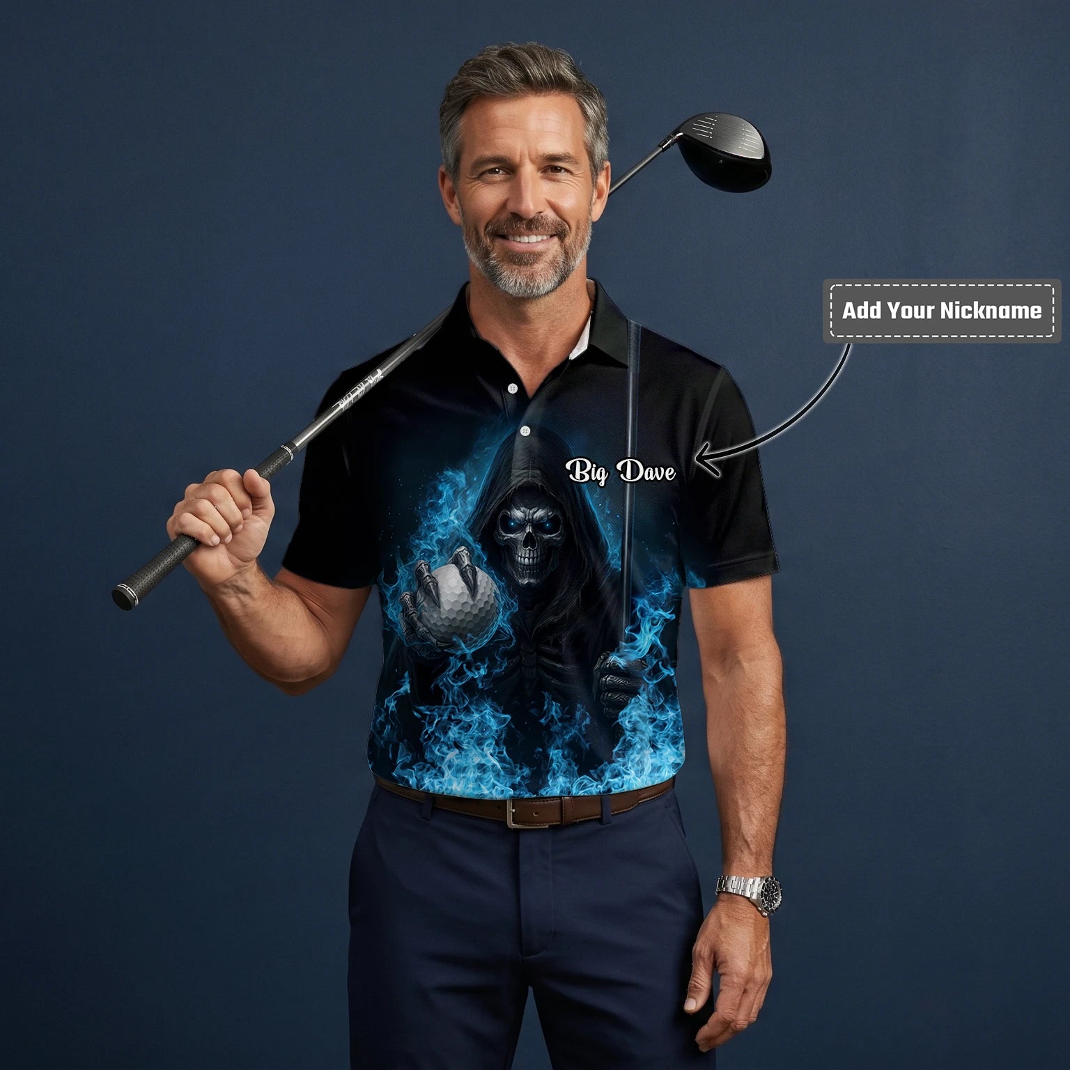 Personalised Black Blue Skull Golf Ball Lightning Golf Polo Shirt For Men N0793