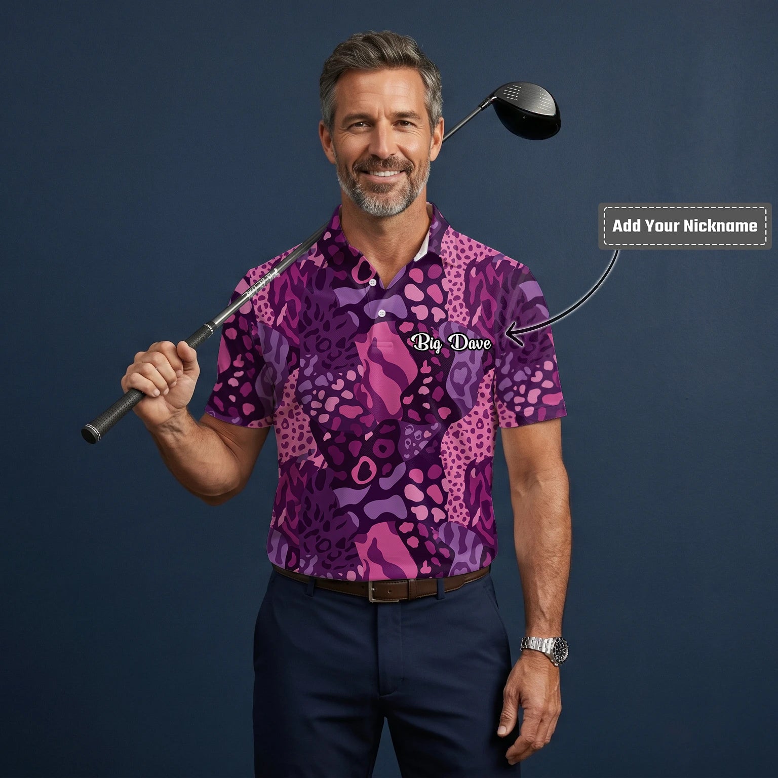 Personalised Purple Pink Leopard Camo Golf Polo Shirt For Men I6540