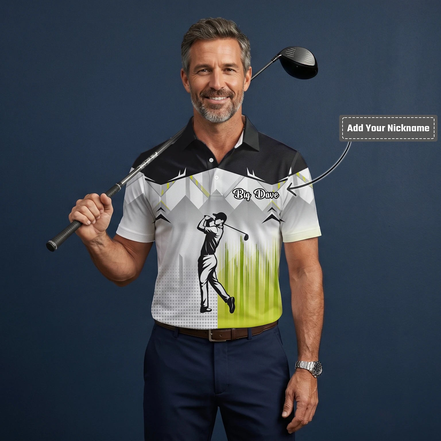 Personalised Black Grey Lime Golfer Silhouette Golf Polo Shirt For Men F4552