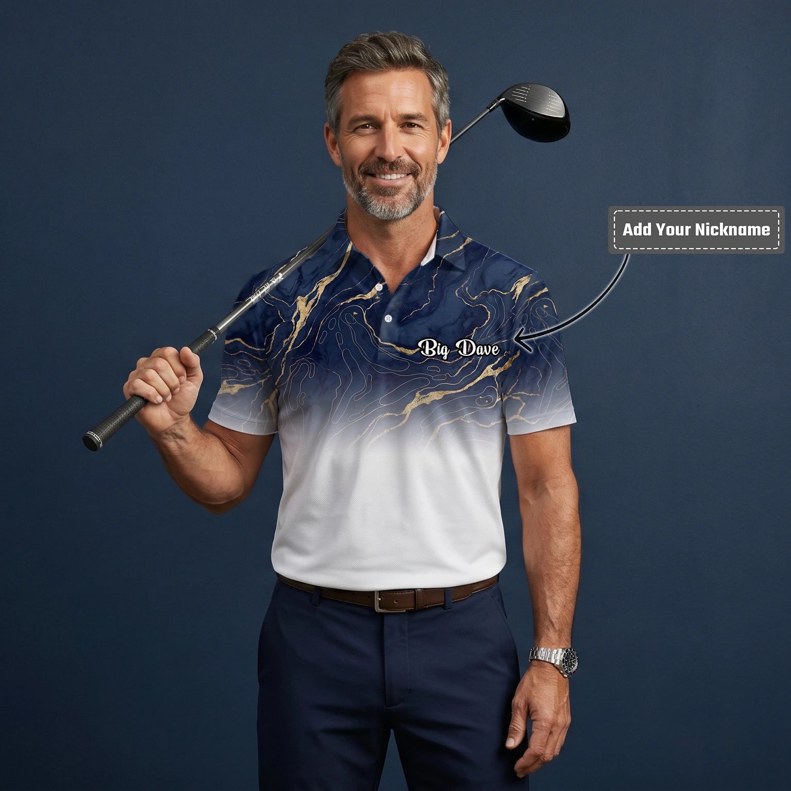 Personalised Navy White Marble Gold Vein Golf Polo Shirt For Men U5613