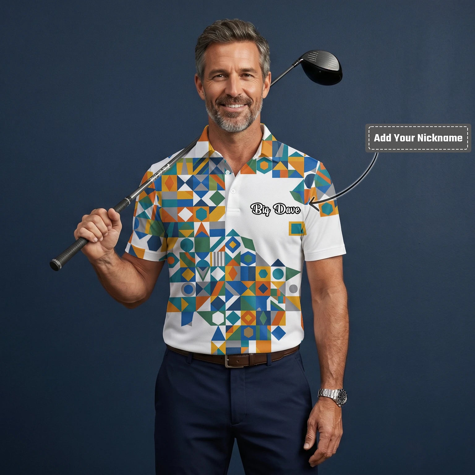 Personalised White Teal Orange Geometric Patchwork Golf Polo Shirt For Men K5362