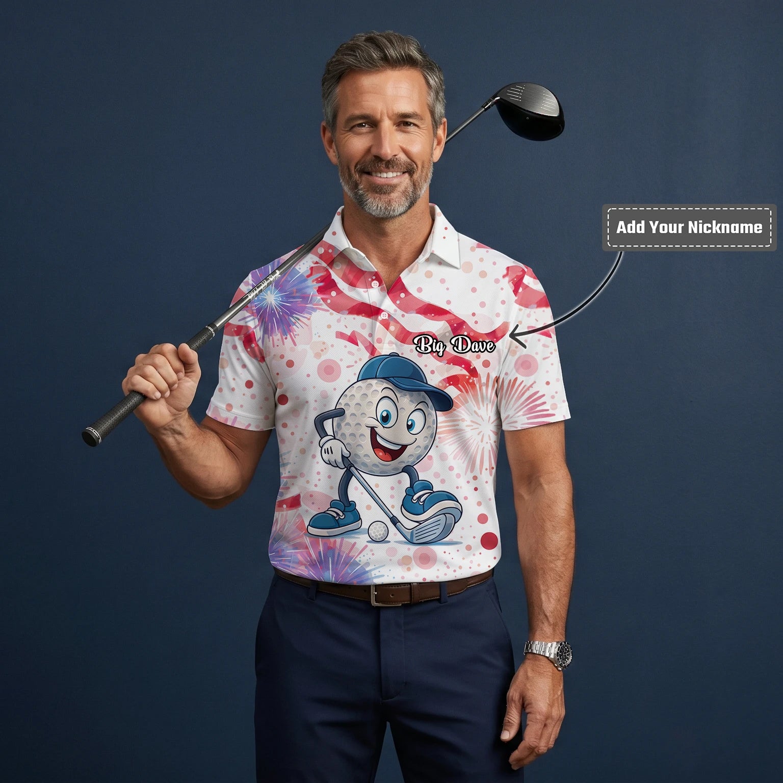 Personalised White Pink Golf Ball Cartoon Firework Golf Polo Shirt For Men C2083