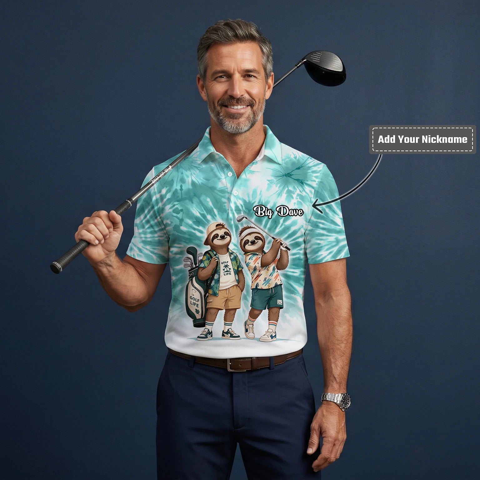Personalised Turquoise Sloth Golfer Cartoon Golf Polo Shirt For Men C1614