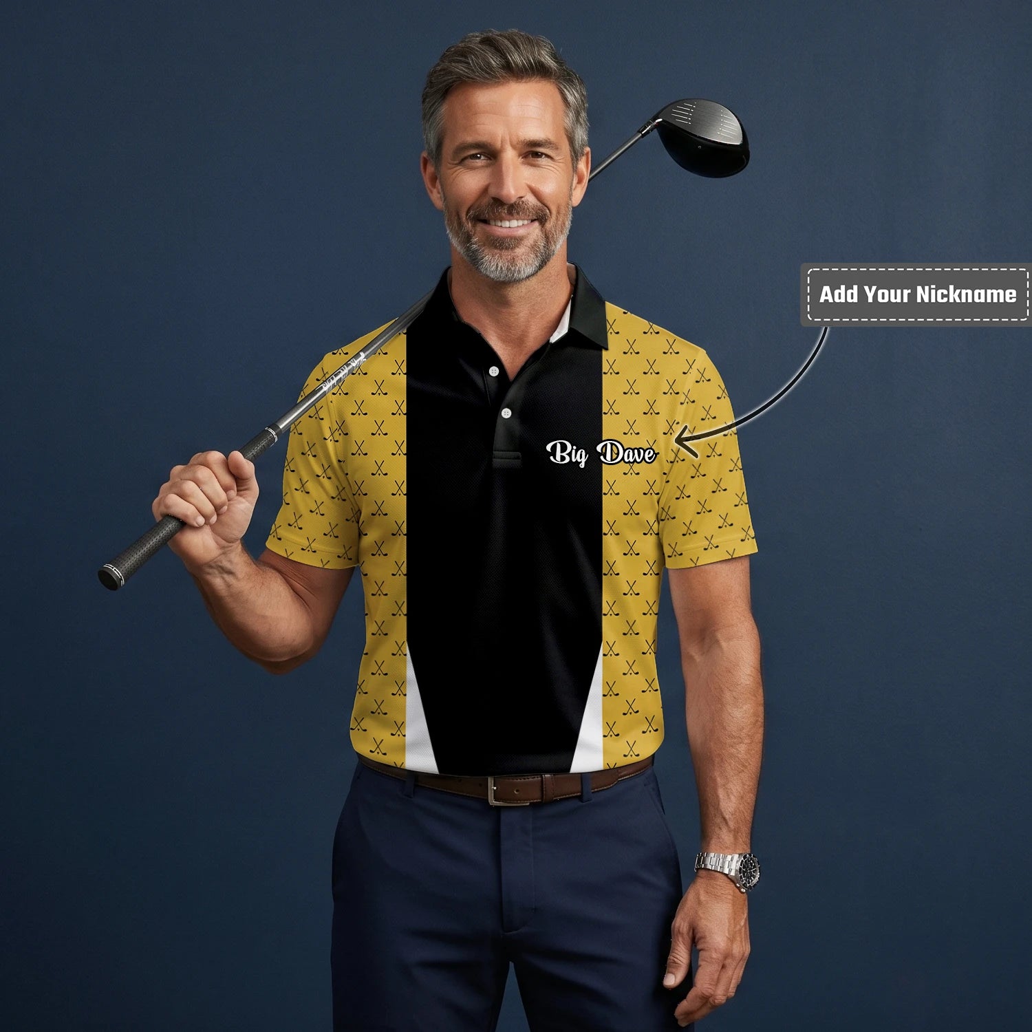 Personalised Black Gold Golf Club Pattern Stripe Golf Polo Shirt For Men B5489