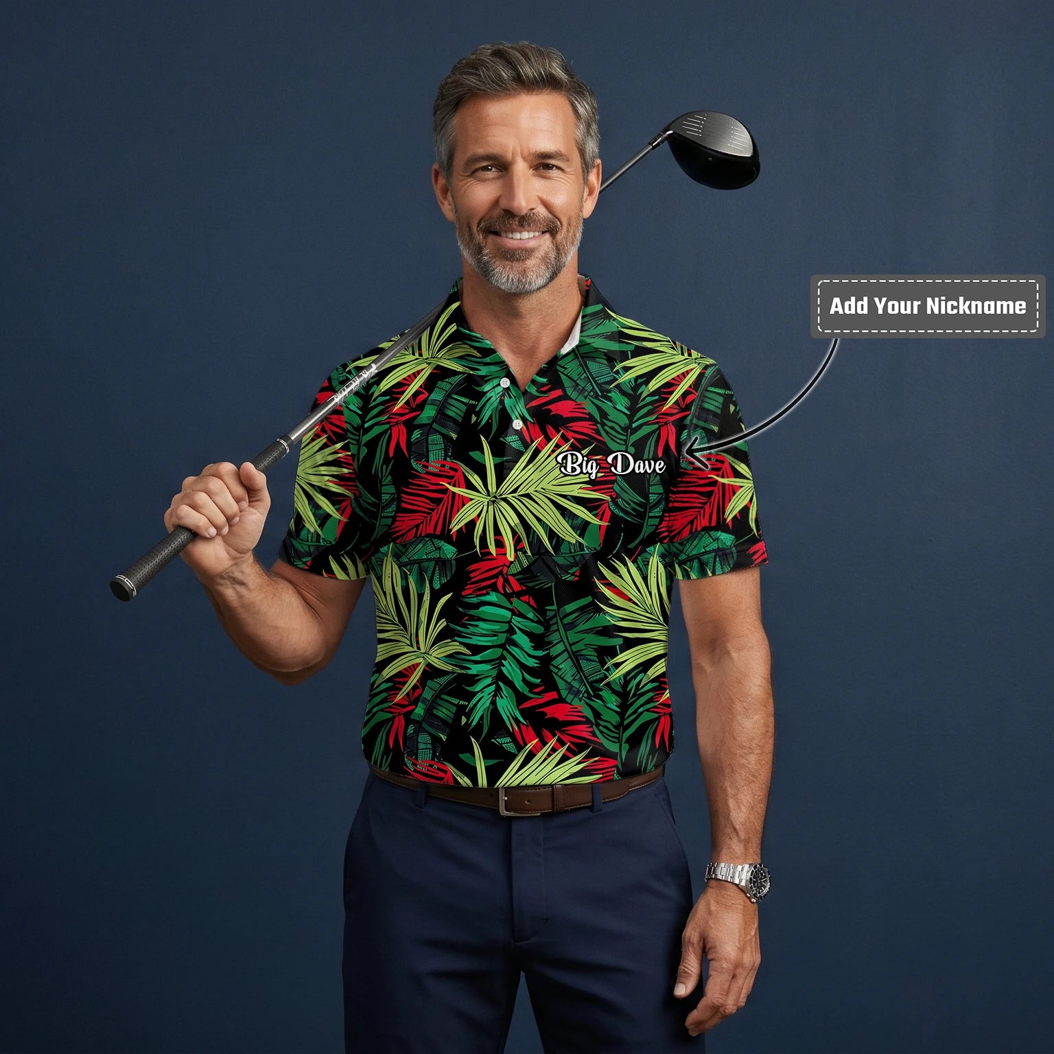 Personalised Black Green Red Tropical Leaf Golf Polo Shirt For Men U5191