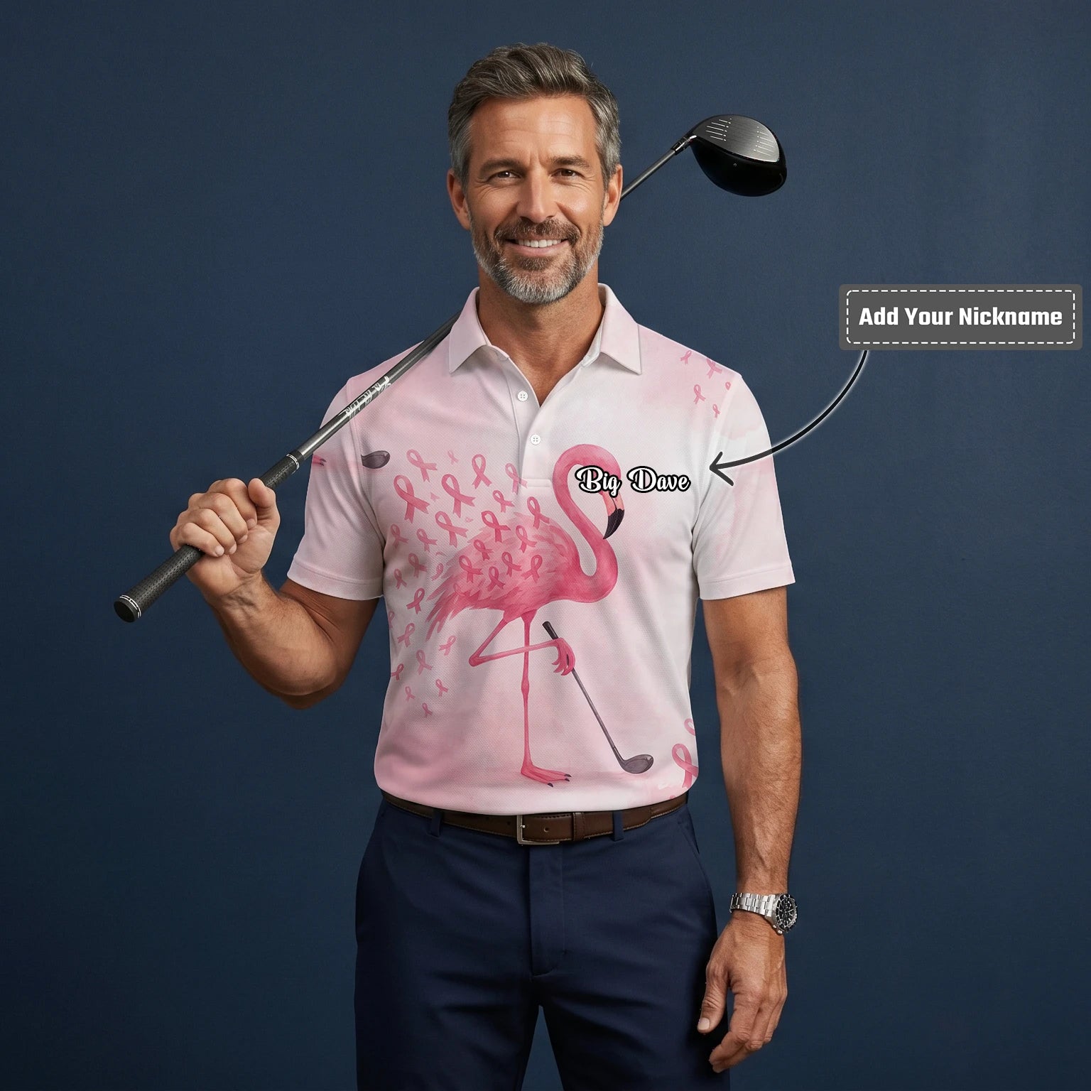 Personalised Pink Flamingo Golfer Breast Cancer Ribbon Golf Polo Shirt For Men R9354