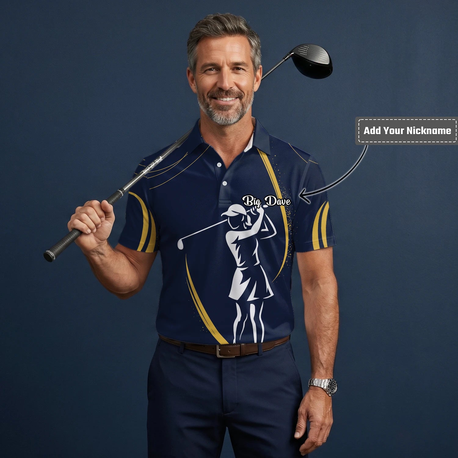 Personalised Navy Gold Golfer Silhouette Golf Polo Shirt For Men K0906