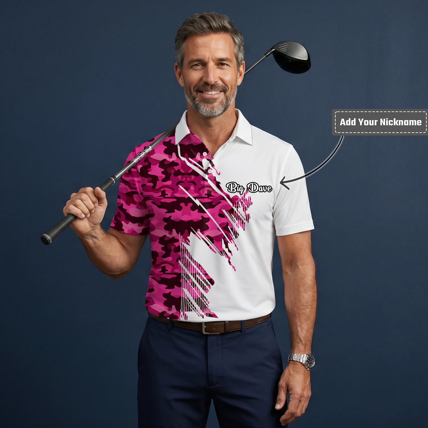 Personalised White Pink Camo Brush Stroke Golf Polo Shirt For Men S6501