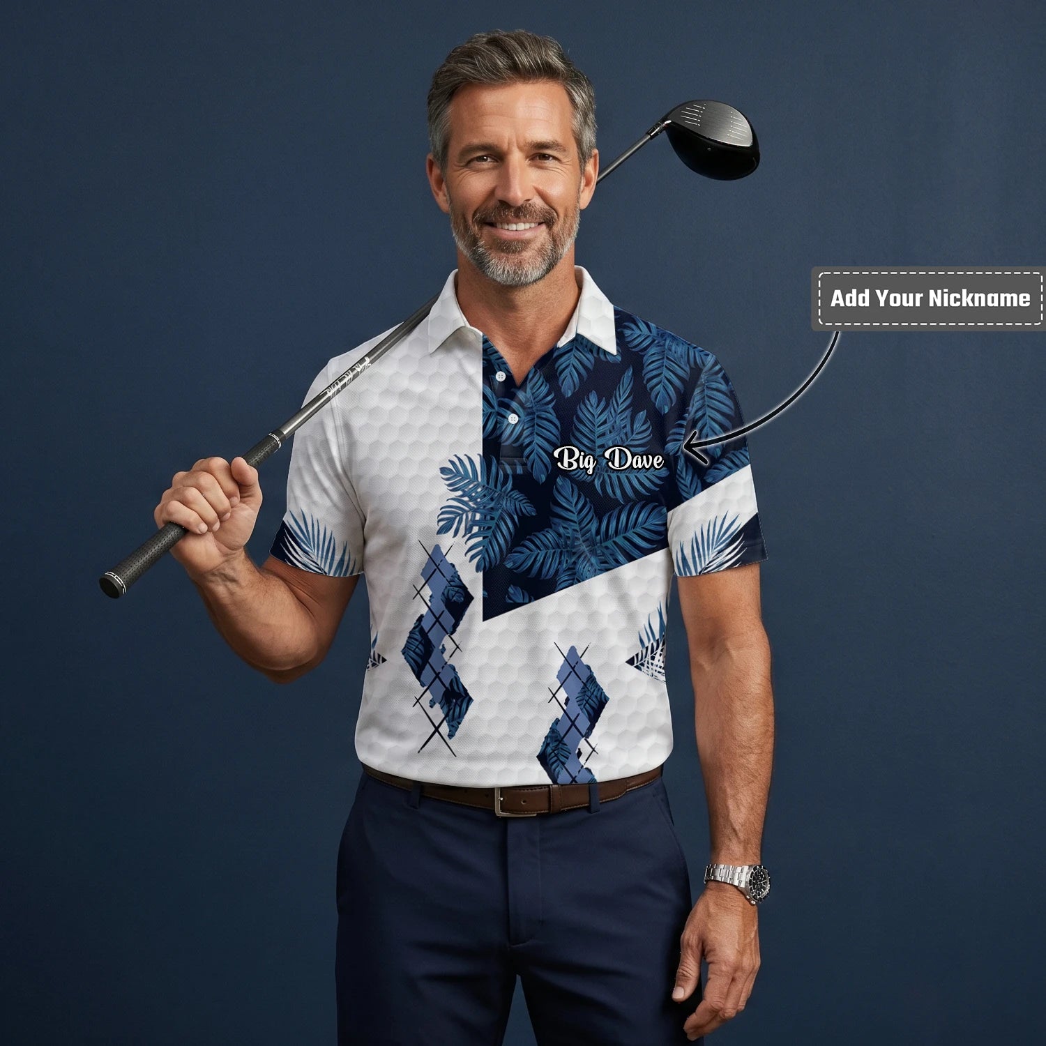 Personalised White Navy Tropical Leaf Argyle Golf Polo Shirt For Men D6549