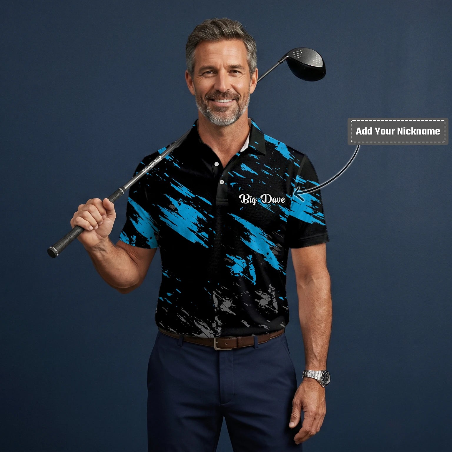 Personalised Black Blue Brush Stroke Golf Polo Shirt For Men H3779