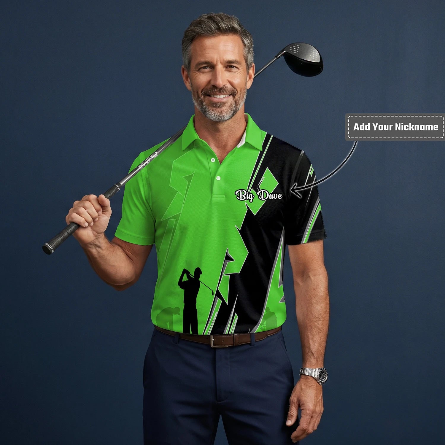 Personalised Lime Green Golfer Silhouette Lightning Golf Polo Shirt For Men V5316