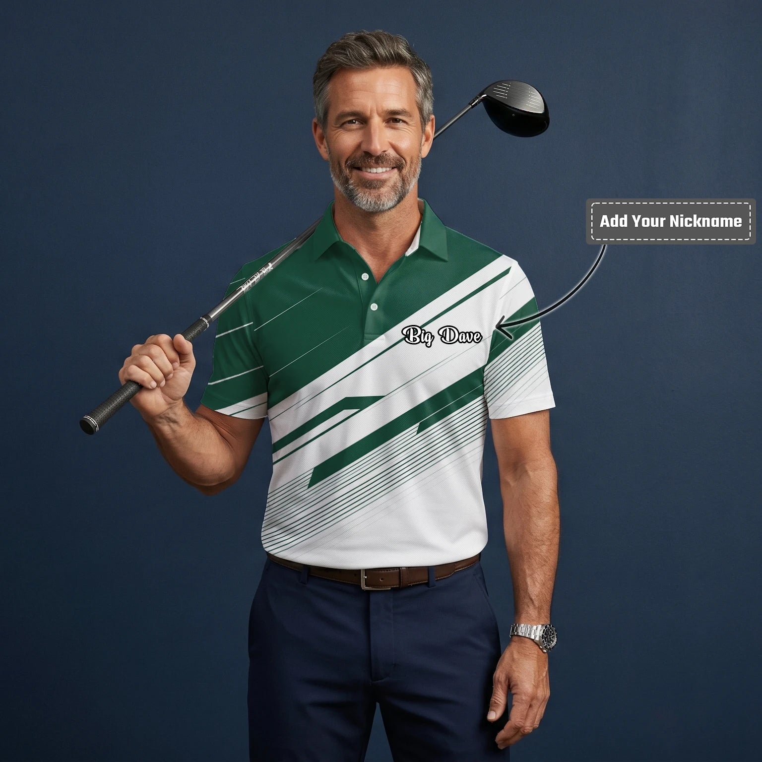 Personalised Green White Abstract Stripe Golf Polo Shirt For Men E5041