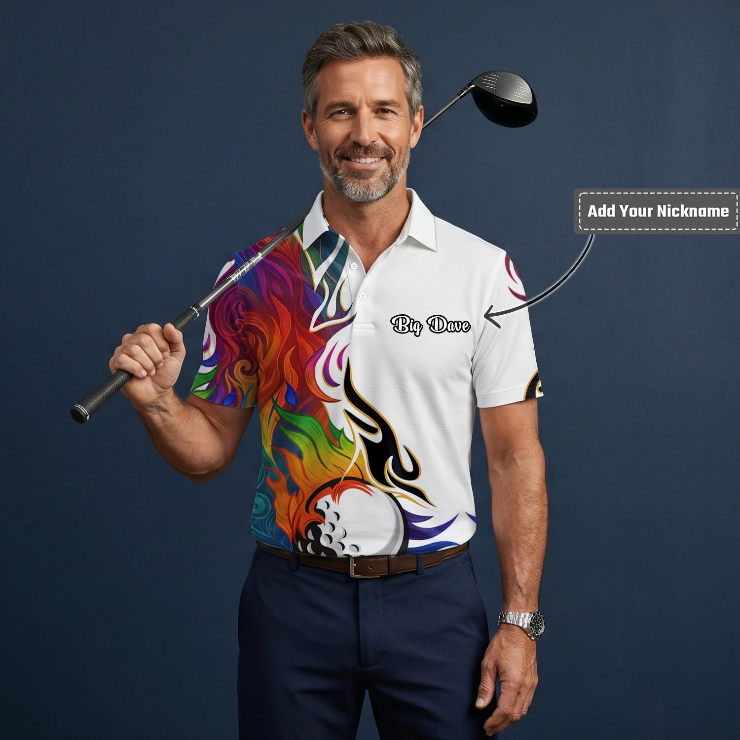 Personalised White Rainbow Flame Golf Ball Golf Polo Shirt For Men P6012