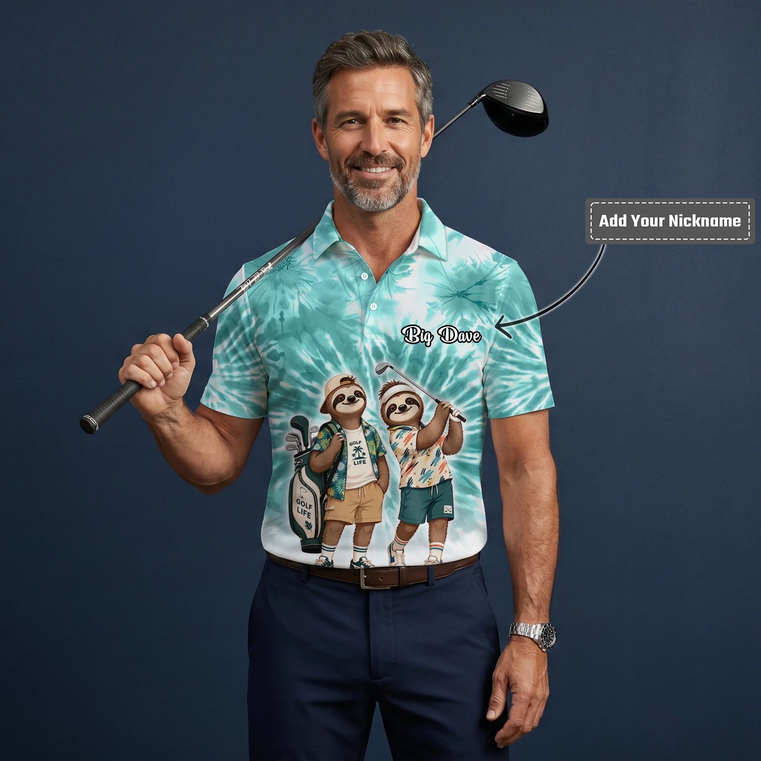 Personalised Turquoise Sloth Golfer Cartoon Golf Polo Shirt For Men C1614