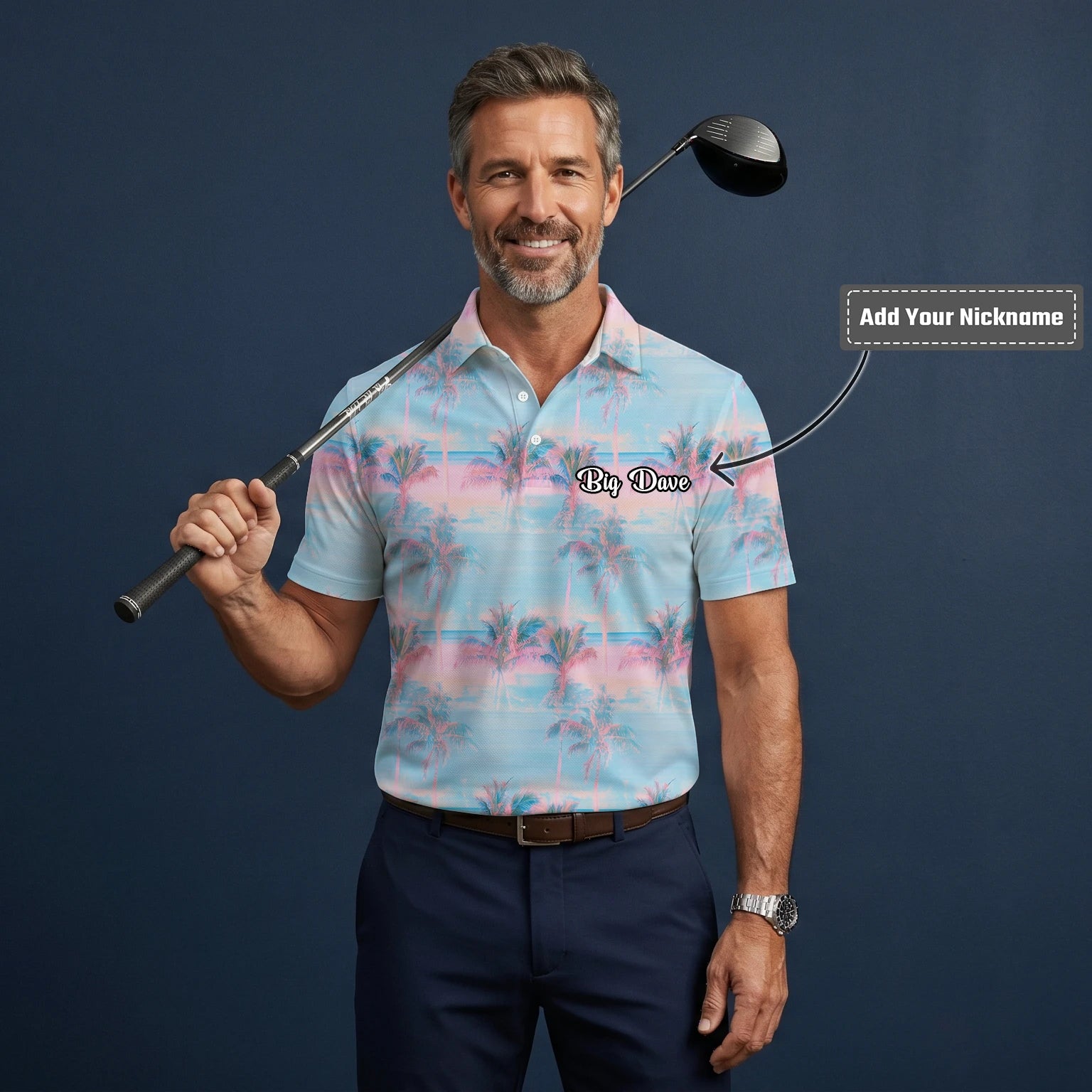 Personalised Pastel Blue Pink Palm Sunset Golf Polo Shirt For Men G4431