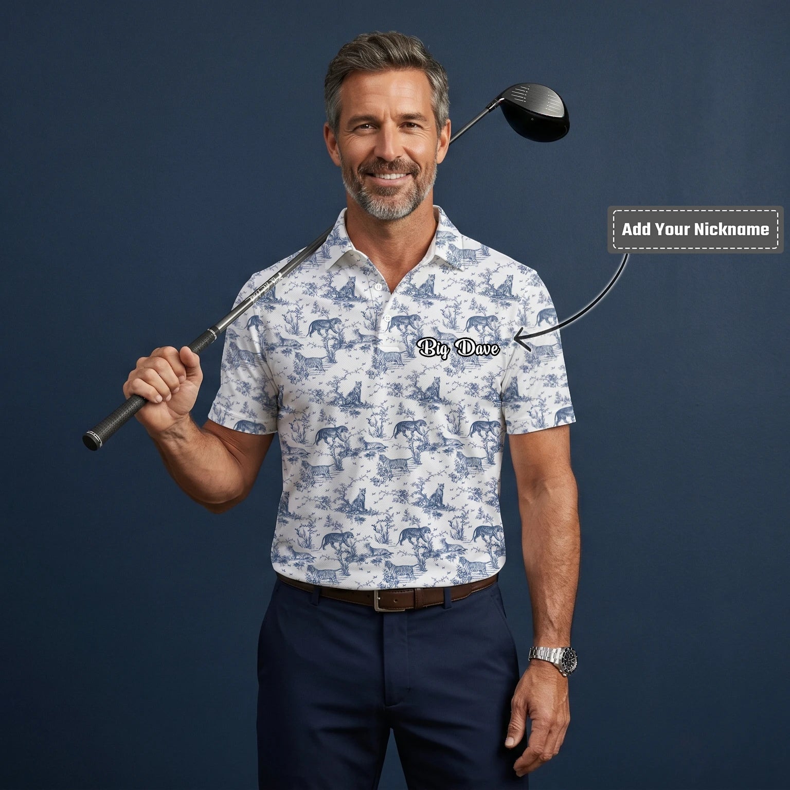 Personalised White Blue Dinosaur Toile Golf Polo Shirt For Men Q4771