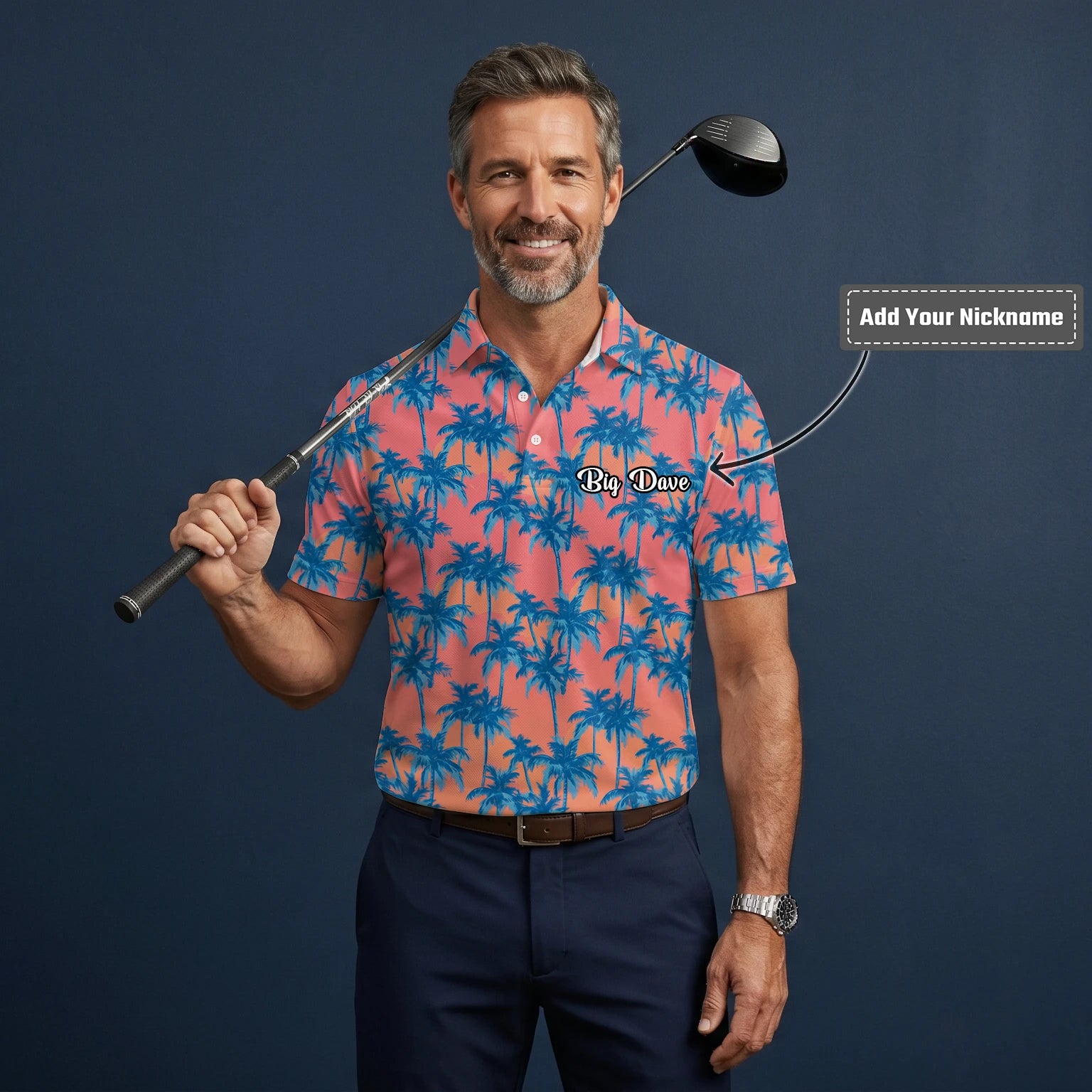 Personalised Coral Pink Blue Palm Tree Golf Polo Shirt For Men A5845